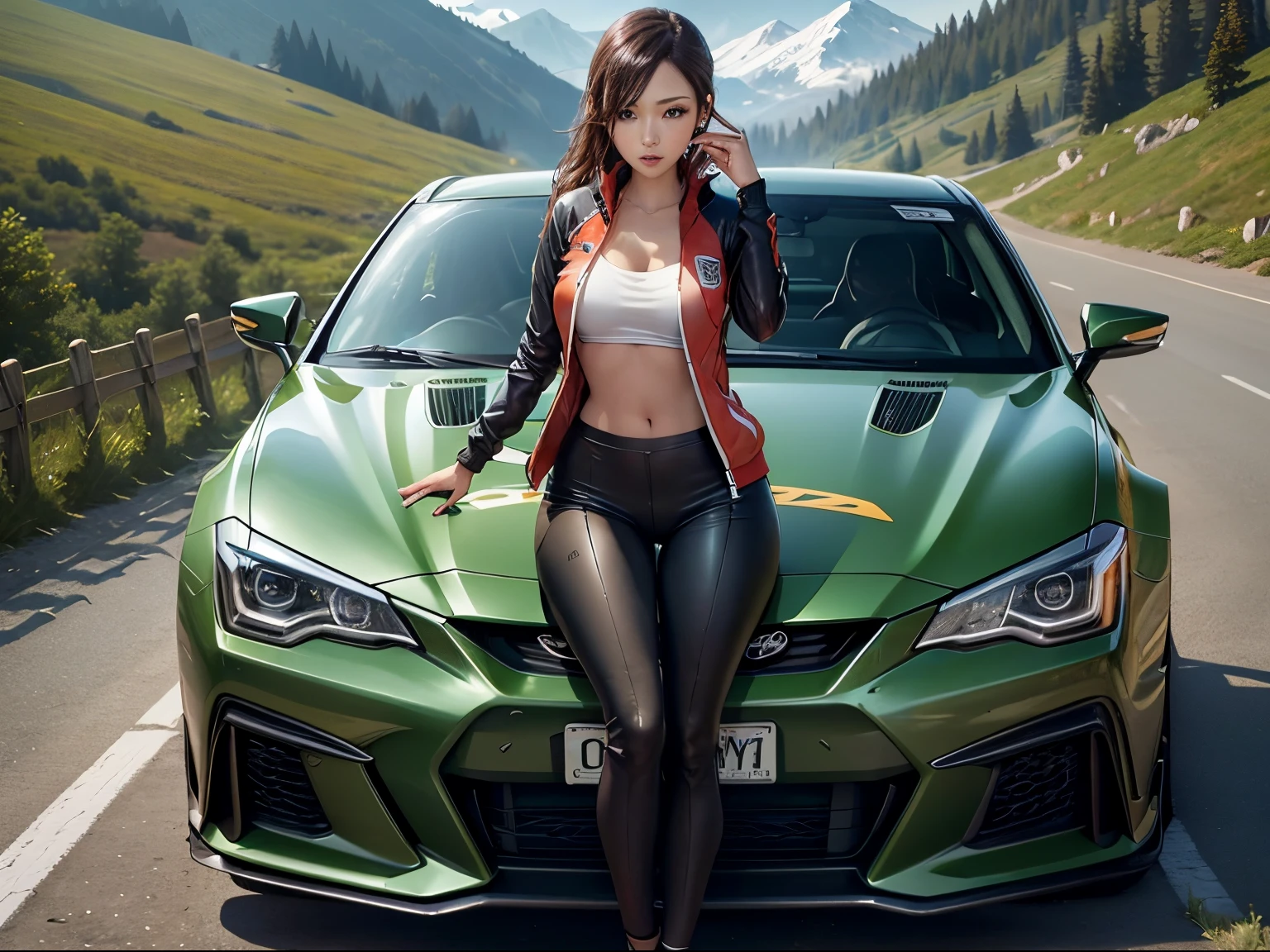 1womanl、Slender woman、sports jacket、Competition between beautiful women and sports cars、超A high resolution、An ultra-high picture quality、8K、Wonderful expression with attention to detail、early summer valley、beautiful fresh green、A bright red sports car stopped at a mountain pass.Toyota Corolla Levin 2000GTX Sports Coupe