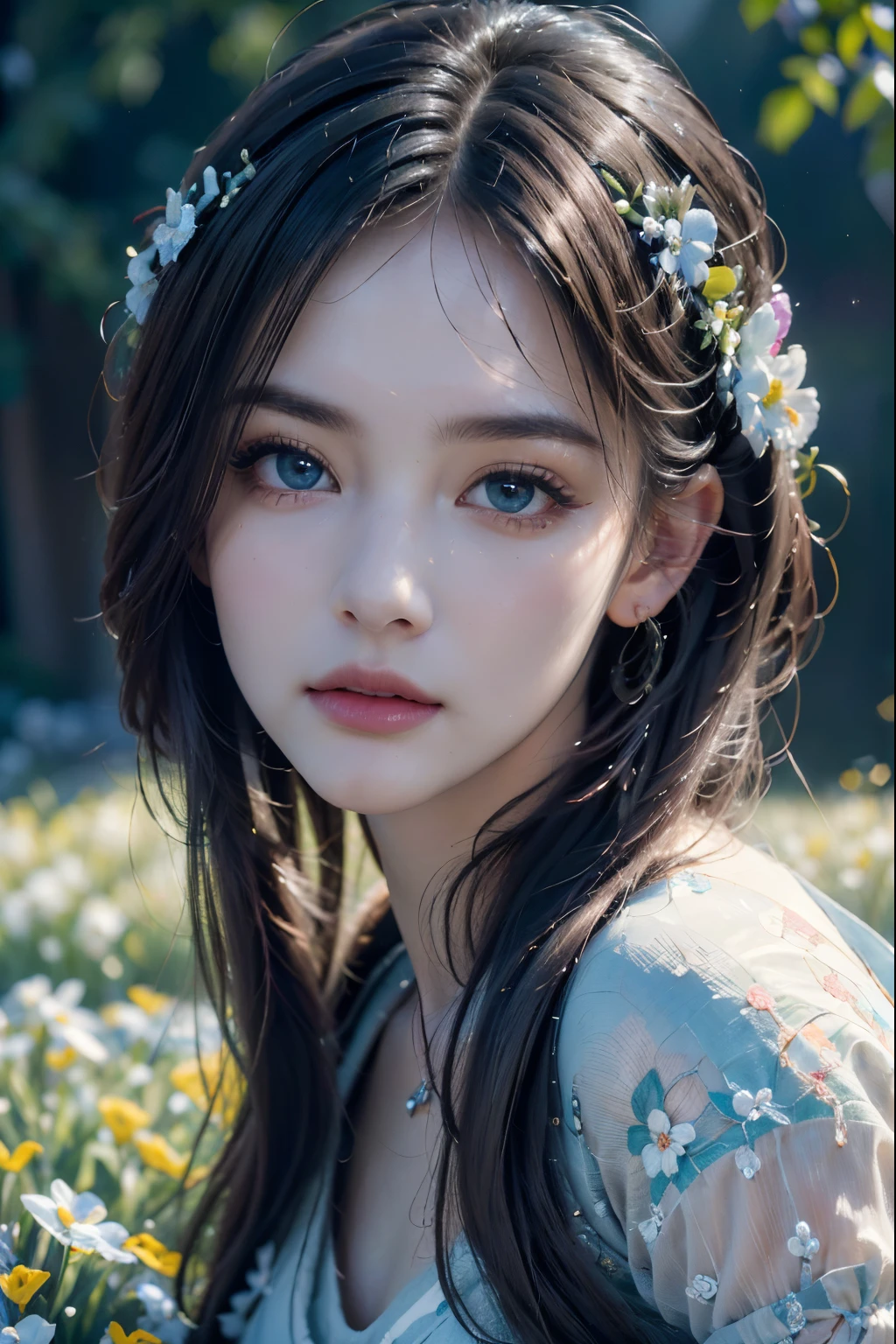 A girl, gardening,beautiful detailed eyes,beautiful detailed lips,extremely detailed face, long eyelashes,medium:oil painting, vibrant colors,flowers blooming,green grass,clear blue sky(best quality,4k,8k,highres,masterpiece:1.2),ultra-detailed,realistic(HDR,UHD,studio lighting),peaceful atmosphere.