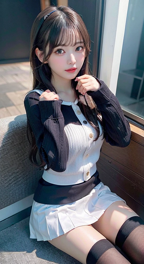 (in 8K, Raw photo:1.2)Detailed face and eyes,Best Quality, 超A high resolution, Highly detailed ,intricate detailes ,masutepiece ,Cute Girl , Soft cinematic light, Hyper-detailing,Sharp Focus, High quality, A dark-haired, Longhaire,White shirt、(Black miniskirt)、(sitting on)