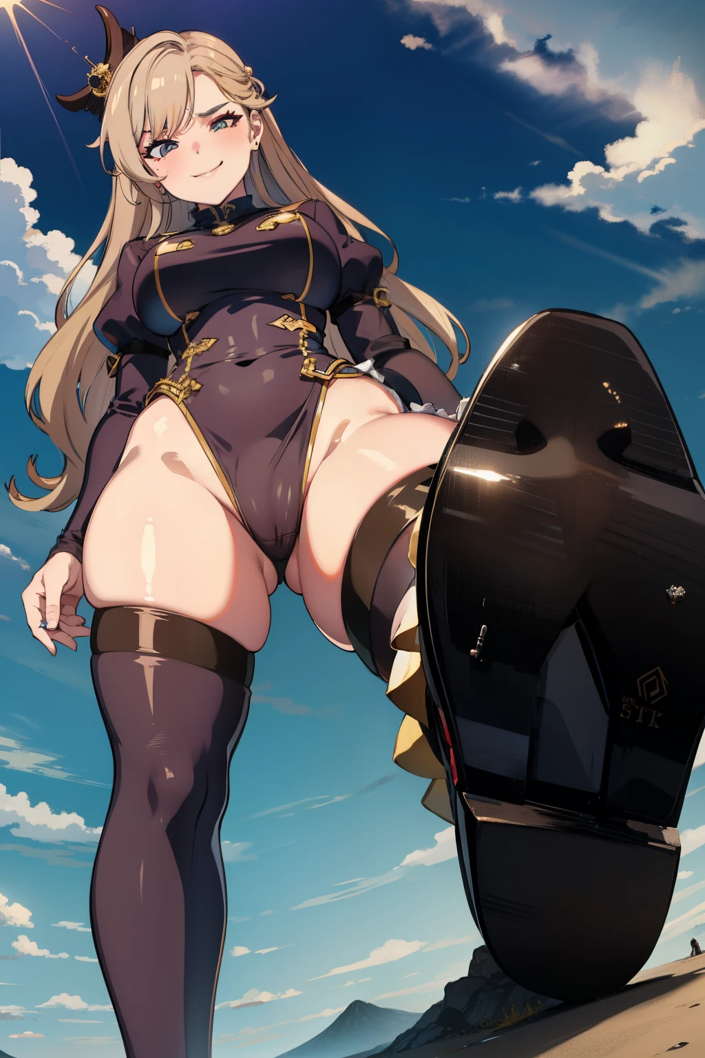 GTS, giantess, curvy, busty, smirk, evil, thick thighs, stepping