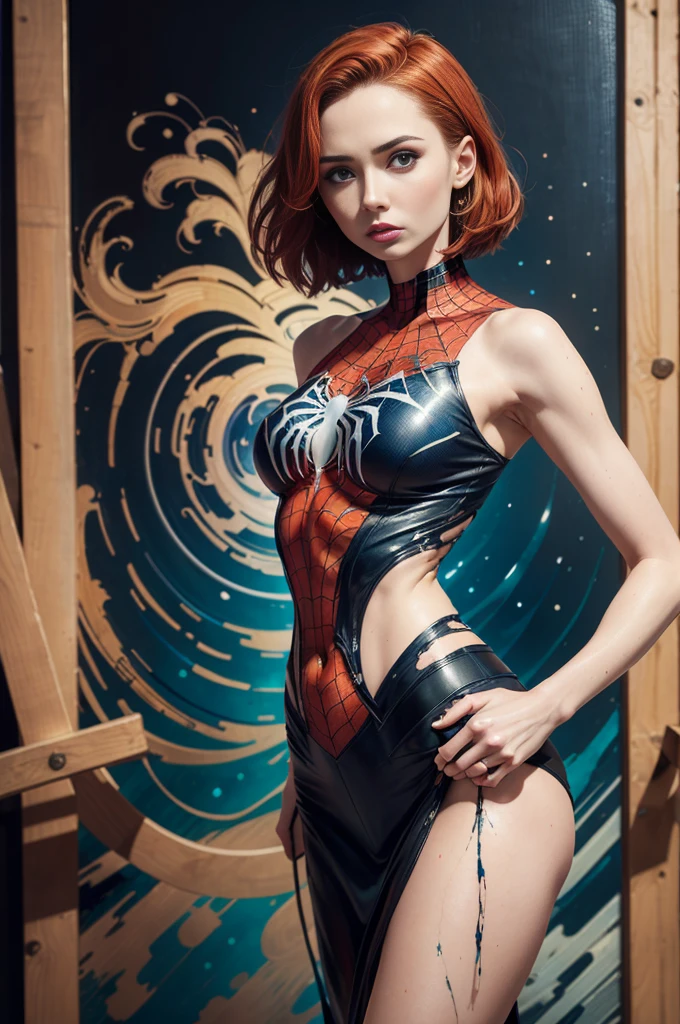 Karen Gillan、Sticking out the navel、newyork、She wears a torn Spider-Man suit,wearing skirt、abstract photorealistic、artistic、Alphonse Mucha's painting(masterpiece、top-quality、hight resolution:1.4)、detaileds、intricate-detail、4K、color splashes、line-drawing、Fibonacci、