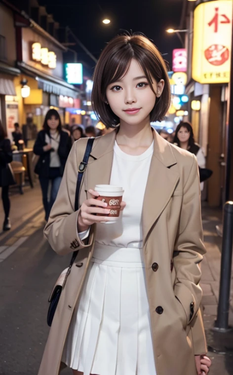 Cute 21 years old Japan、cafes、hamburgers、date、date、Super Detail Face、Eye of Detail、二重まぶた、beautiful thin nose、foco nítido:1.2、prety woman:1.4、(light brown hair,short-haired、),fair white skin、top-quality、masterpiece、超A high resolution、(Photorealsitic:1.4)、Highly detailed and professional lighting smile、Warm coat、skirt by the、