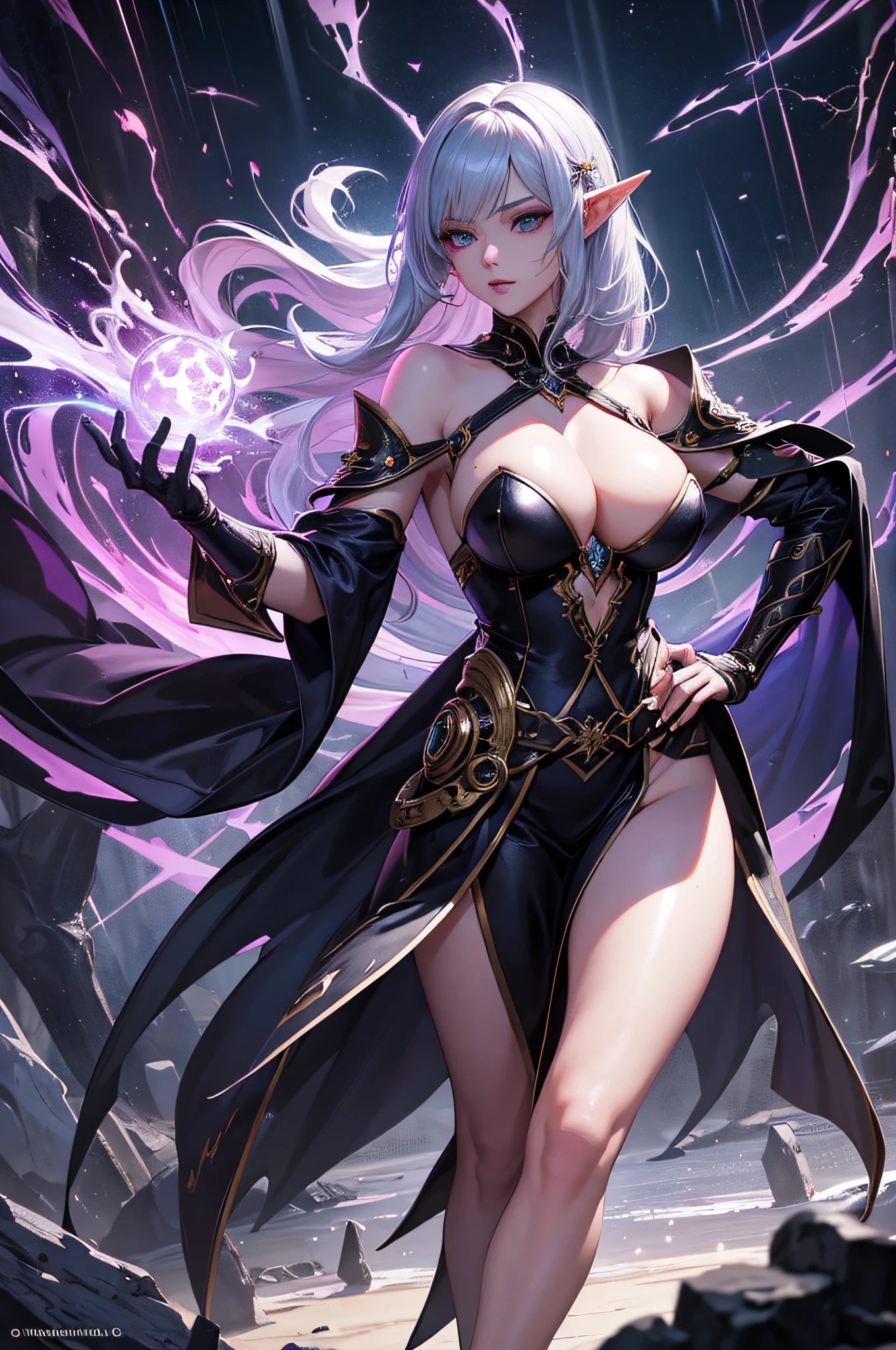 Super sexy powerful elf sorceress creating an earthquake with magic, beautiful image, highly detailed, lingere, dark robes,dynamic pose, maximalist, Character focus ,sci-fi, looks into camera, (highly detailed face 1.6), (detailed legs 1.2), (detailed feet 1.2), full body image, science fiction, beautiful image, highly detailed, maximalist, dark anime, rain, neon, darkness, highly detailed, maximalist, cinematic