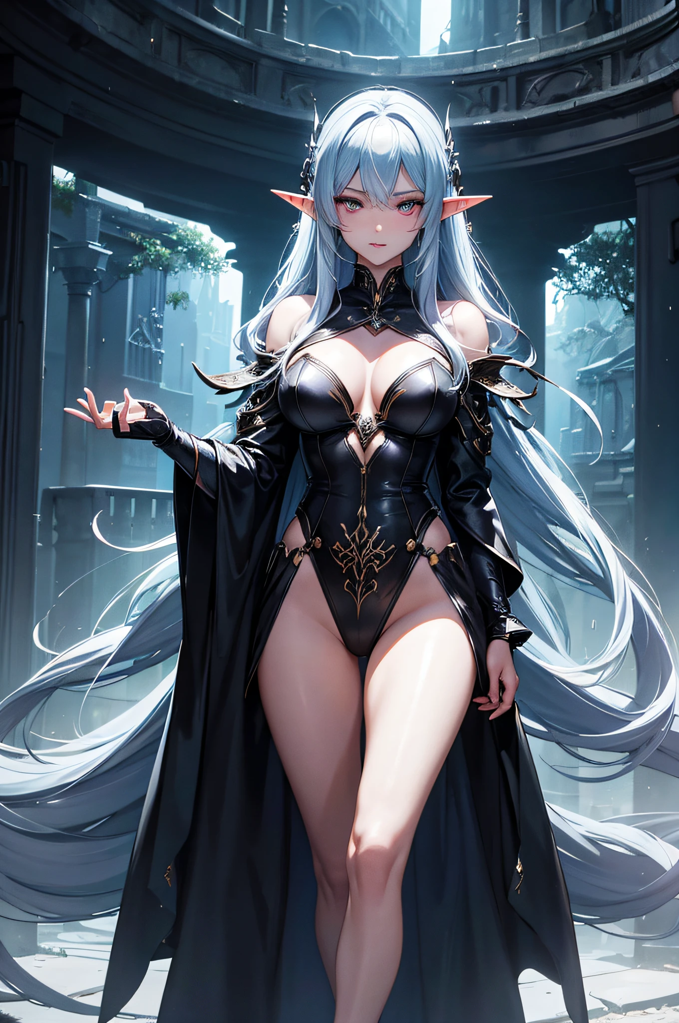 Super sexy powerful elf sorceress creating an earthquake with magic, beautiful image, highly detailed, lingere, dark robes,dynamic pose, maximalist, Character focus ,sci-fi, looks into camera, (highly detailed face 1.6), (detailed legs 1.2), (detailed feet 1.2), full body image, science fiction, beautiful image, highly detailed, maximalist, dark anime, rain, neon, darkness, highly detailed, maximalist, cinematic