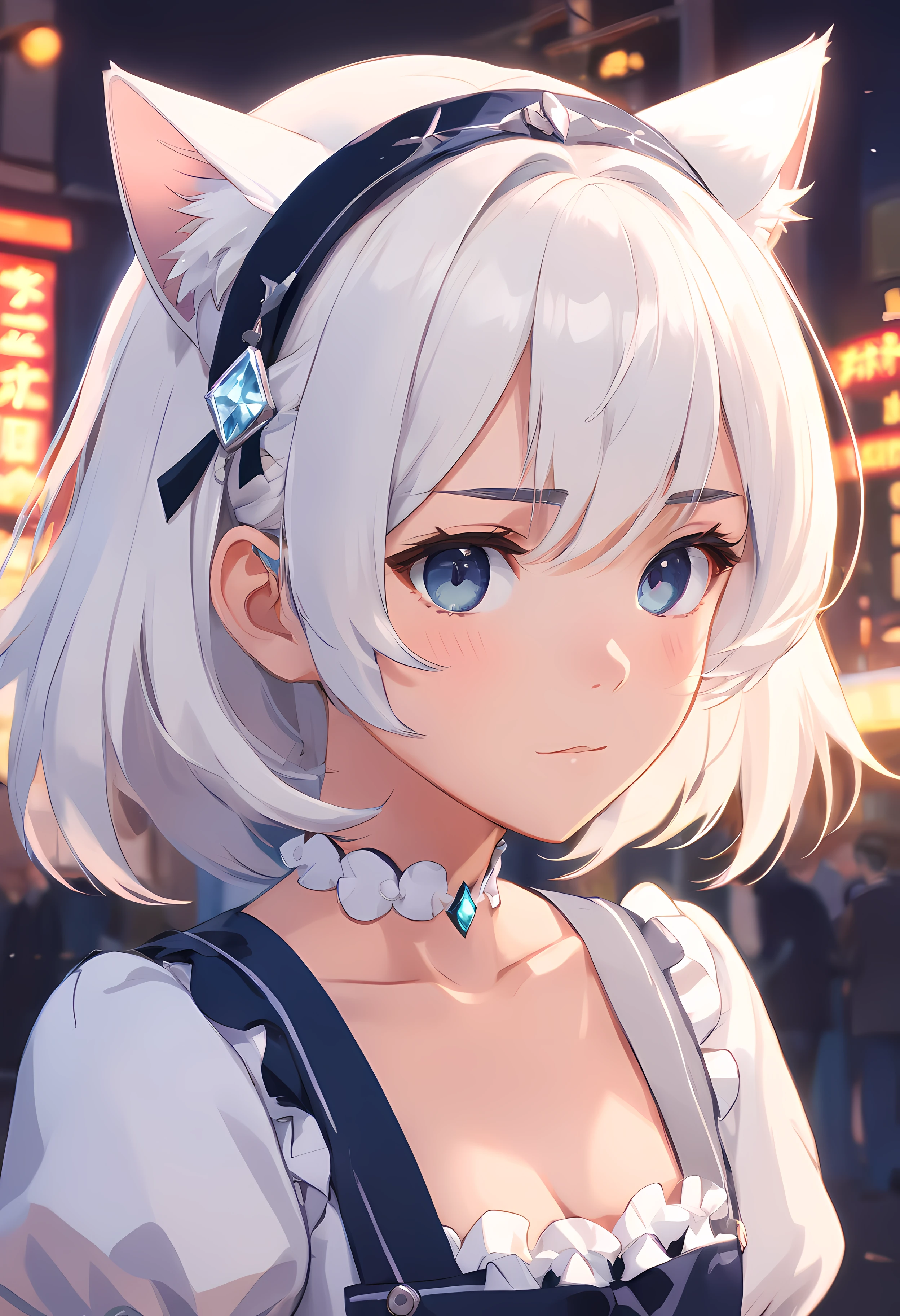 White hair, Drill your hair, square diamond, maid headdress, Cat ears, 's, Expressionless eyes, Japanese cartoons, gothic art, style of anime, One color, ctextured skin, high detal, 4K