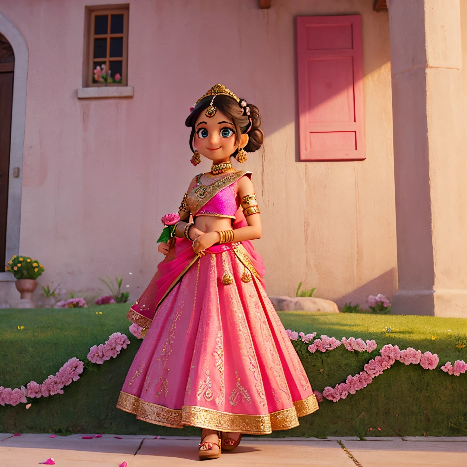 Beautiful Girl with pink lehnga holding a pink rose in her right hand . There is mehndi on her hands . She is looking straight , smiling . Her hair has a middle partition and a low bun . On her background left side there is a wall with grass on it and having pink flowers . On right side theere is a big blueclosed window.