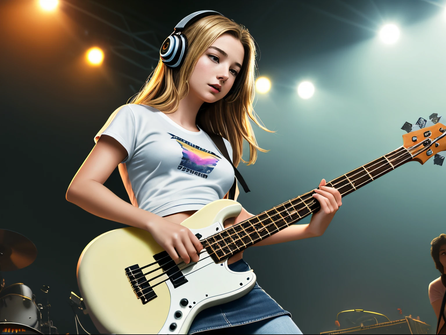 top quality 32k raw photo of 18-year-old Emily VanCamp wearing white T shirt and jeans skirt and headphone. navel look. she is on the disco stage playing bass guitar. colorful lights,