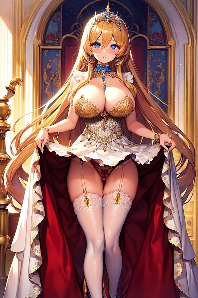 ((anime art style)),(On the table),(Best quality at best), (super detailing),((very delicate beautiful)),(((Alone))),(A princess wearing a gorgeous rococo ball gown,It has beautiful embroidery and jewelry on it,and voluminous, full-length hoop skirts and pleated skirts)),Royal bedroom,(((dress skirt lift yourself uate embroidery and jeweled lace,Camel toes)))),Garter belt,Focus Pantilin Bling)),Long-distance trains,(Gorgeous gemstone jewelry,glittery),Detailed face and eyes,eyes like gems,CRbarrassing)),((Plenty of straight hair,The hair long, very long,Very long straight hair)),(((Colossal tits,The long))),Chopping,(Gorgeous embroidery and lace),Gorgeous corsage,,Very gorgeous hair accessory,The crown adorned with sparkling and very ornate jewels,gorgeous ruffles,(Hoop skirt,pettycoat),((dynamic angle)),looking at viewert,((full bodyesbian)),((Very gorgeous rococo ball gown,Featuring beautiful embroidery and jewelery and a loose full length hoop skirt)),focal,