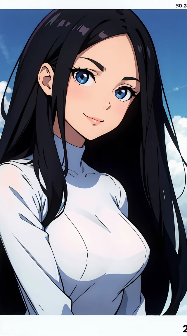 One girl with black hair, hair lenght until bust, straight hair, hair parted in center of head, round face. hairstyle with a center part, that the hair should be parted down the middle, creating a symmetrical look without any frontal hair covering the forehead. Looking straight, looking at viewer. Smiling. Solo, one girl. Looking straight, straight. Straight pose.