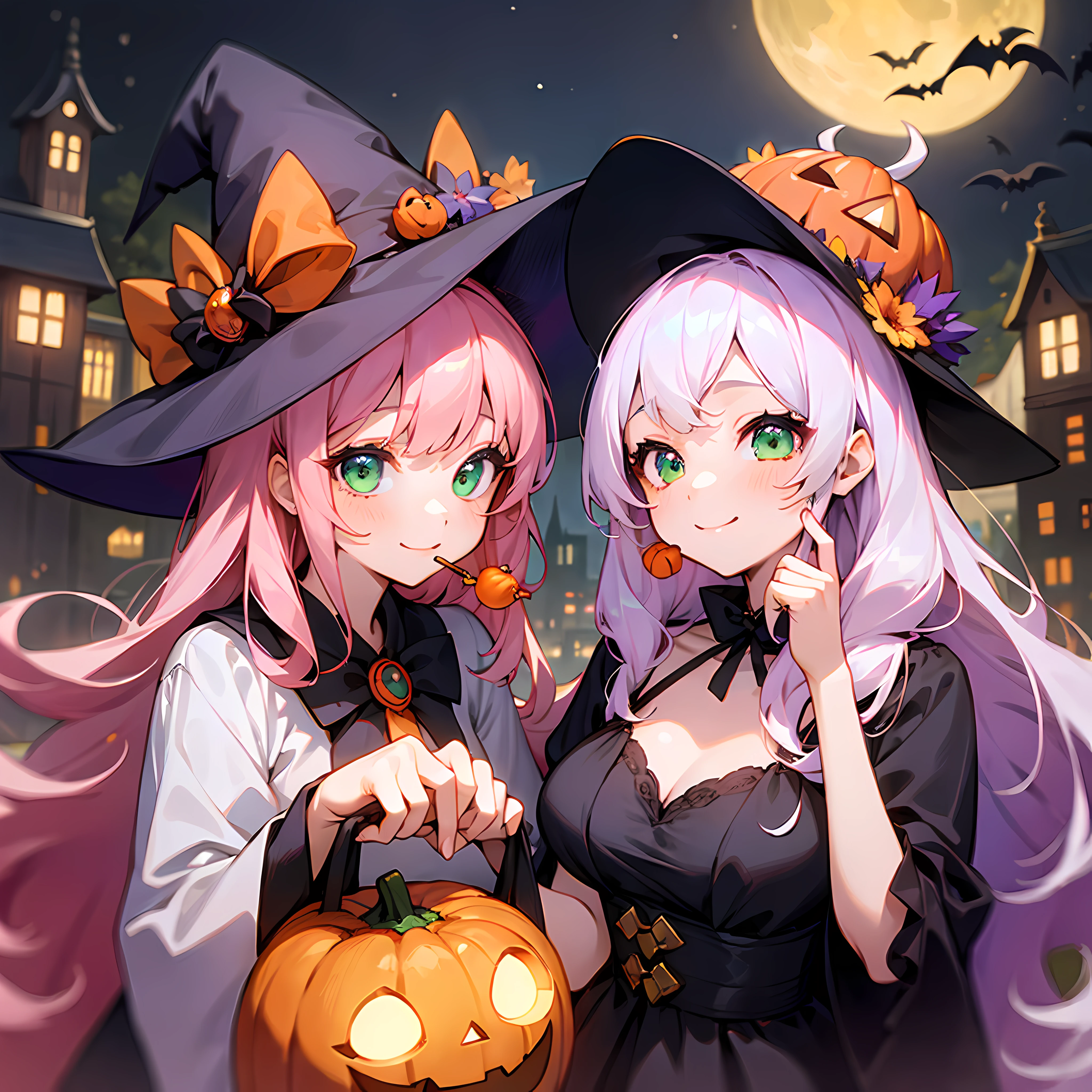 1 girl、A beautyful girl、The color hair、Green-eyed、halloween、A smile、nightcity、Vicious、Dress up as a witch、Qianqian、Sweets and snacks、pumpkin lantern