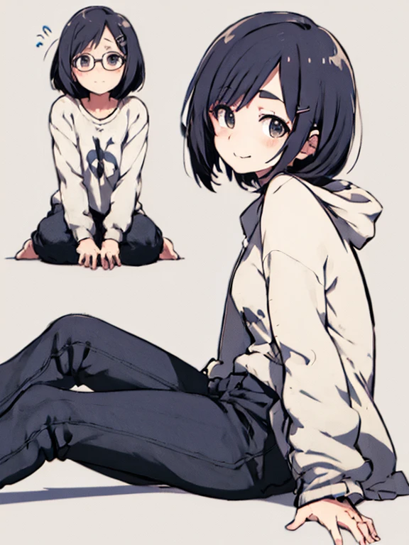 ​masterpiece, top-quality, One lady, The best smile, Japan people in their 20s, (A dark-haired, Short Bob Hair, Strengthen curly hair and waves, Shorthair, With bangs, attach hairpins to bangs), (thick eyebrow, draw thick eyebrows), (drooing eyes, Blue eyes, Blue eyes), Small nose, Thicker lips, (Rimless glasses, Small glasses, glasses for women), Wheat-toned skin, and draw the full body, dynamic sitting pose, (Looking at the camera, Front of camera, Look at viewers, Front attitude, Turn your face to the viewer, face forwards).