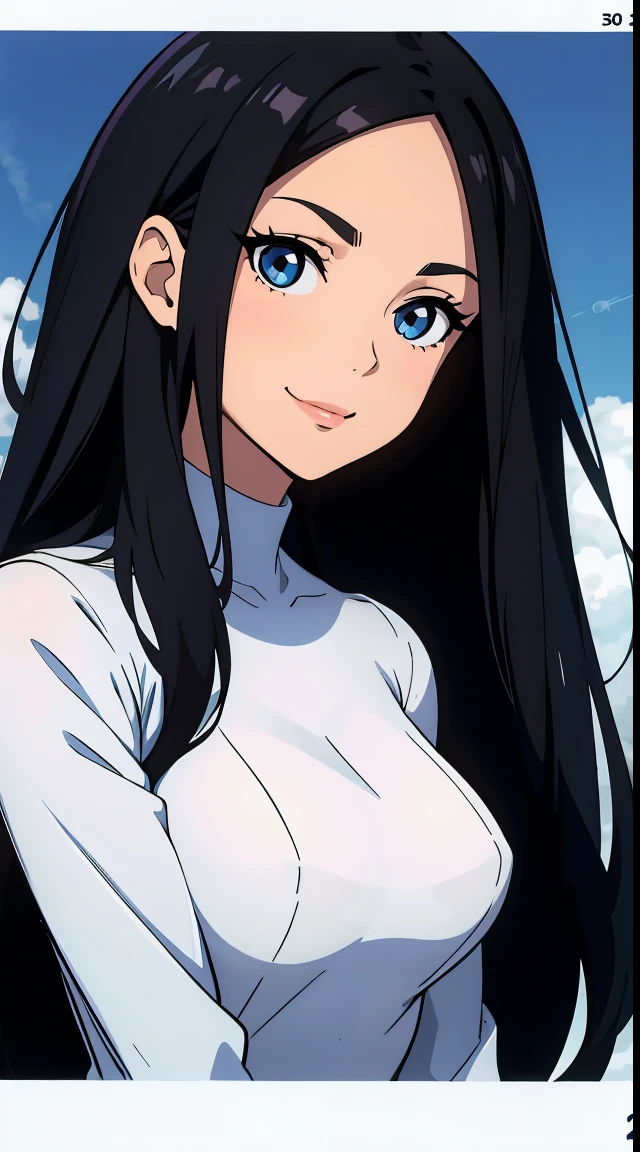 One girl with black hair, hair lenght until bust, straight hair, hair parted in center of head, round face. hairstyle with a center part, that the hair should be parted down the middle, creating a symmetrical look without any frontal hair covering the forehead. Looking straight, looking at viewer. Smiling. Solo, one girl. Looking straight, straight. Straight pose.