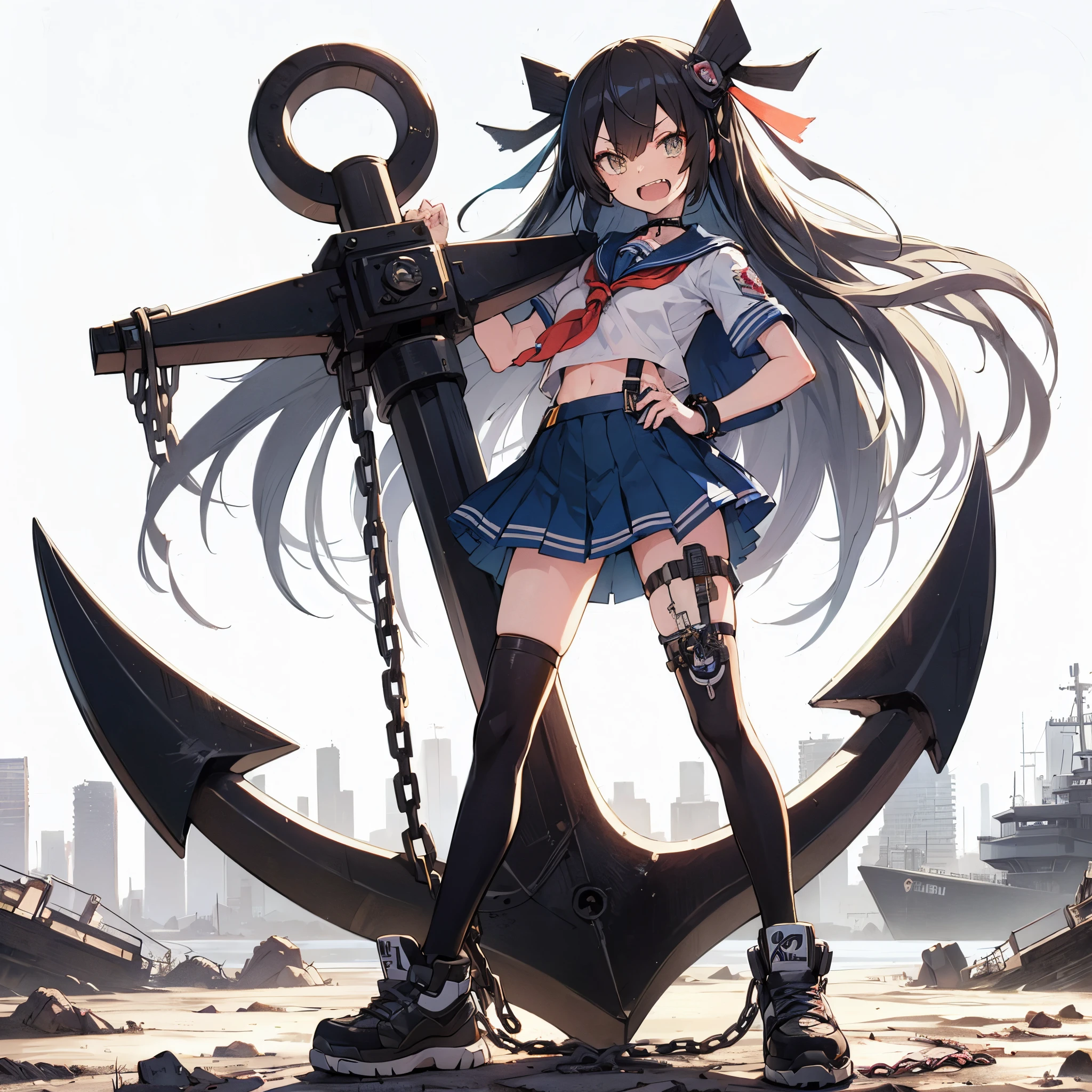 (masutepiece, Best Quality), (Perfect athlete body:1.2), (detailed hairs), Ultra-detailed, Anime style, Full body, Solo, cyberpunk sailor girl, with a huge anchor, shaped teeth, Black hair, blond eyes, Wearing sneakers, Standing in the wasteland, 8K High Resolution, White background, Whole body,