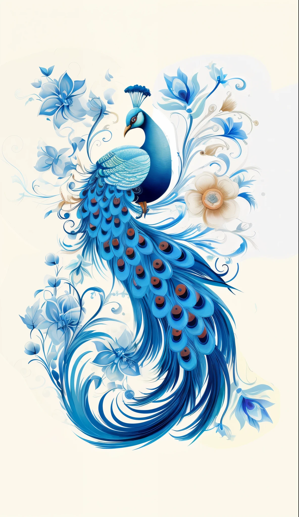 Vector graphics，Chinese hand drawn illustration，Peacock with blue feathers and flowers on white background, beautiful and graceful,vector lines，  Clear lines，delamination， peacock, tranquil and graceful, Beautiful Elegant, number art，white backgrounid