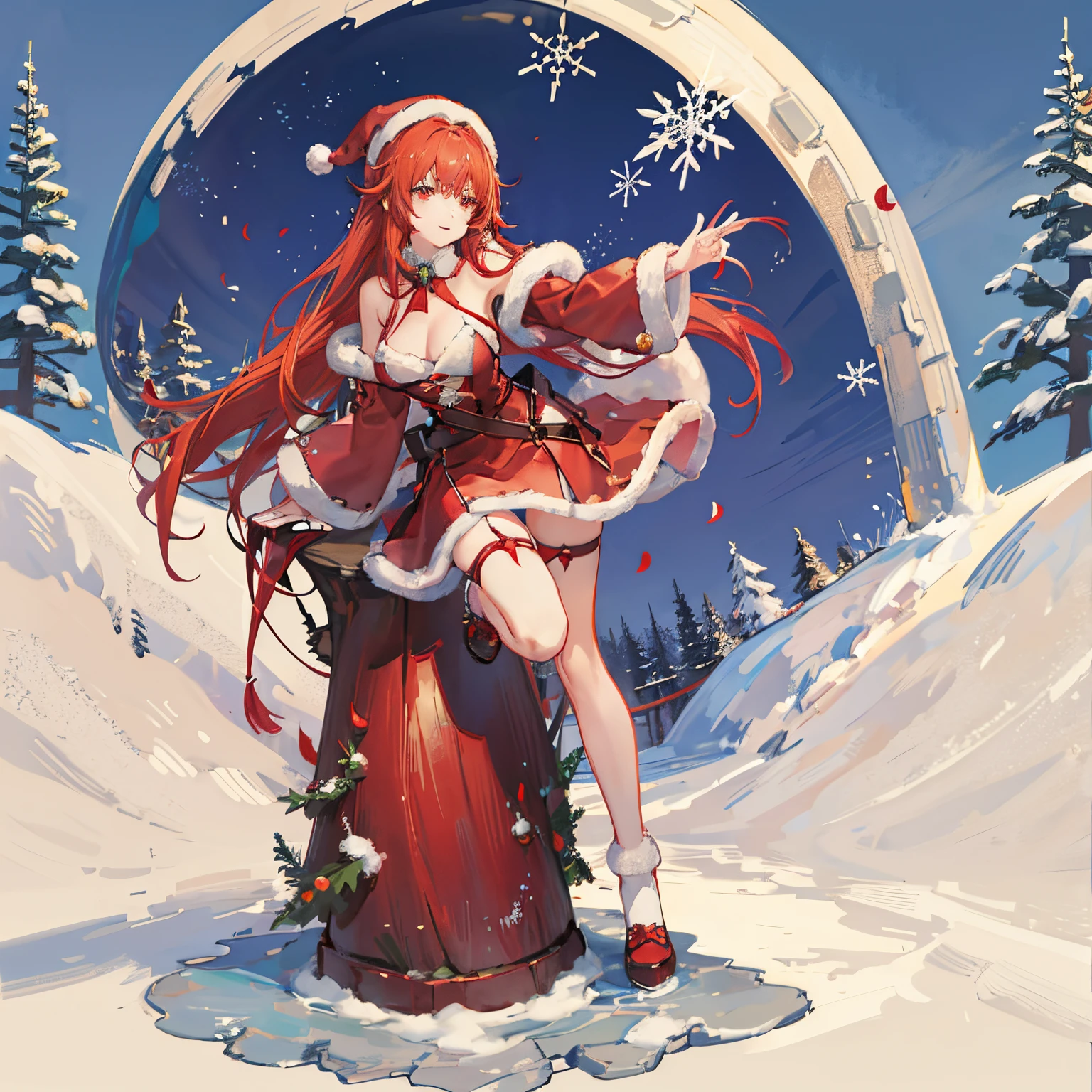 "anime girl, 1 person, bright red hair, shoulder length hair, dark red eyes, Santa hat, Santa tube costume, red dress, big breasts, discreet, stockings, Christmas gift box birth, snowfall, solo, (full HD 4K+ photo)"