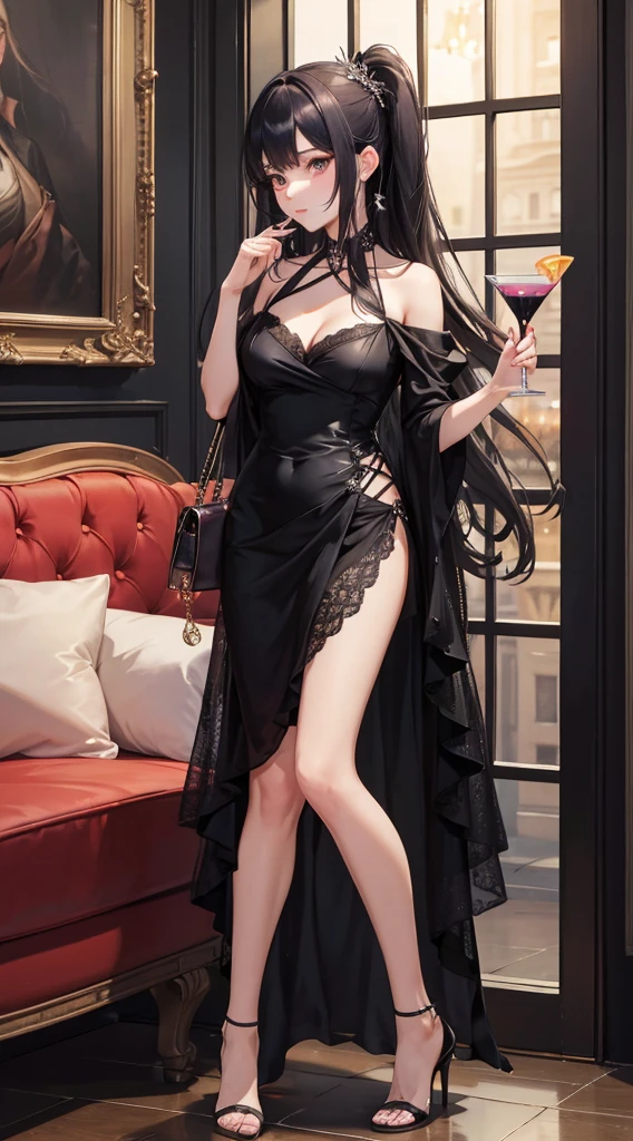 1 downer lady(black cocktail dress)(red high heel)(have a crouch bag)(blond long hair),in the cocktail party,8k,high quality,super detail,masterpiece,