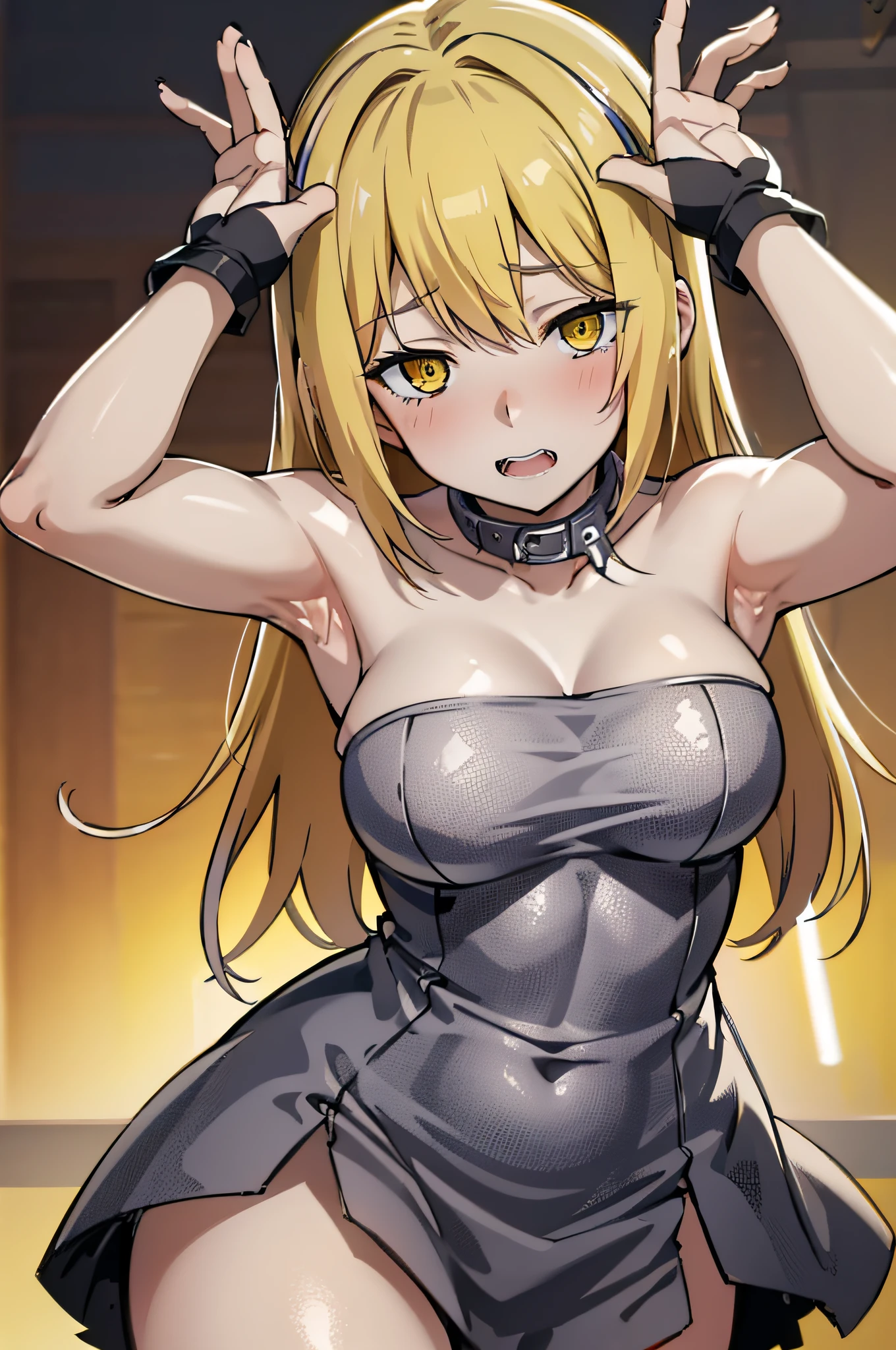 slaveclothes,rabbit pose arms up,yellow eyes,blonde hair,(blush,pleasure,delight,orgasm,cleanched teeth,rolling eyes