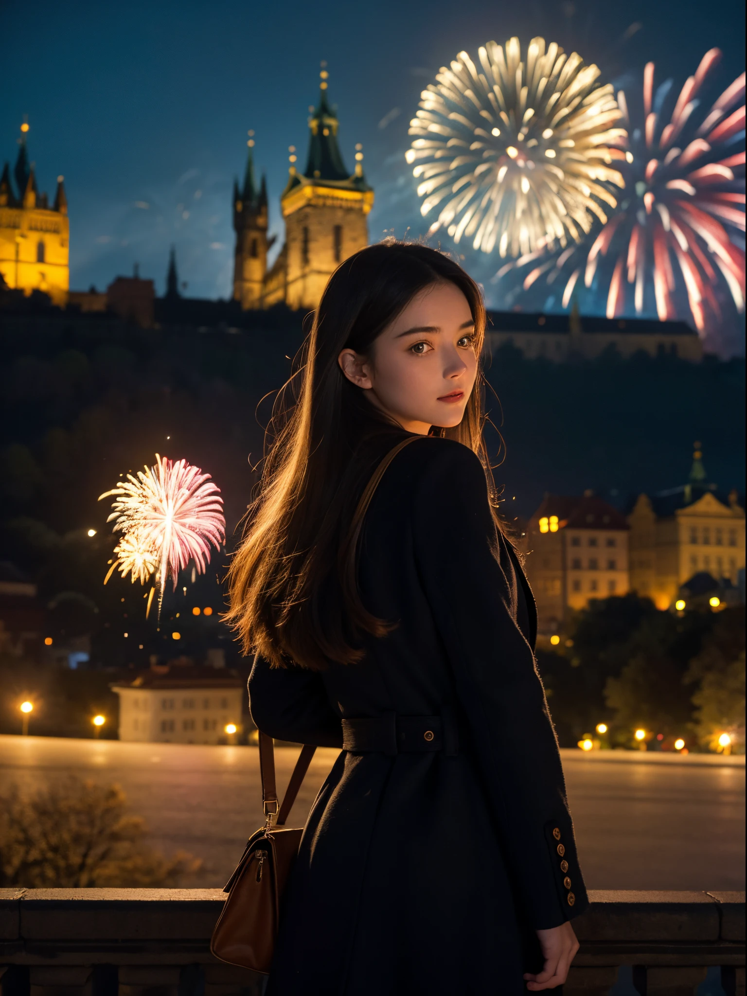 (firework: 1.3), a flame embroidered in the night sky, turning girl's head back and looking at viewer, back to camera, traveler, happy, windy, prague, castle seen in the background, movie scene, cinematic light, low light, very dark scene