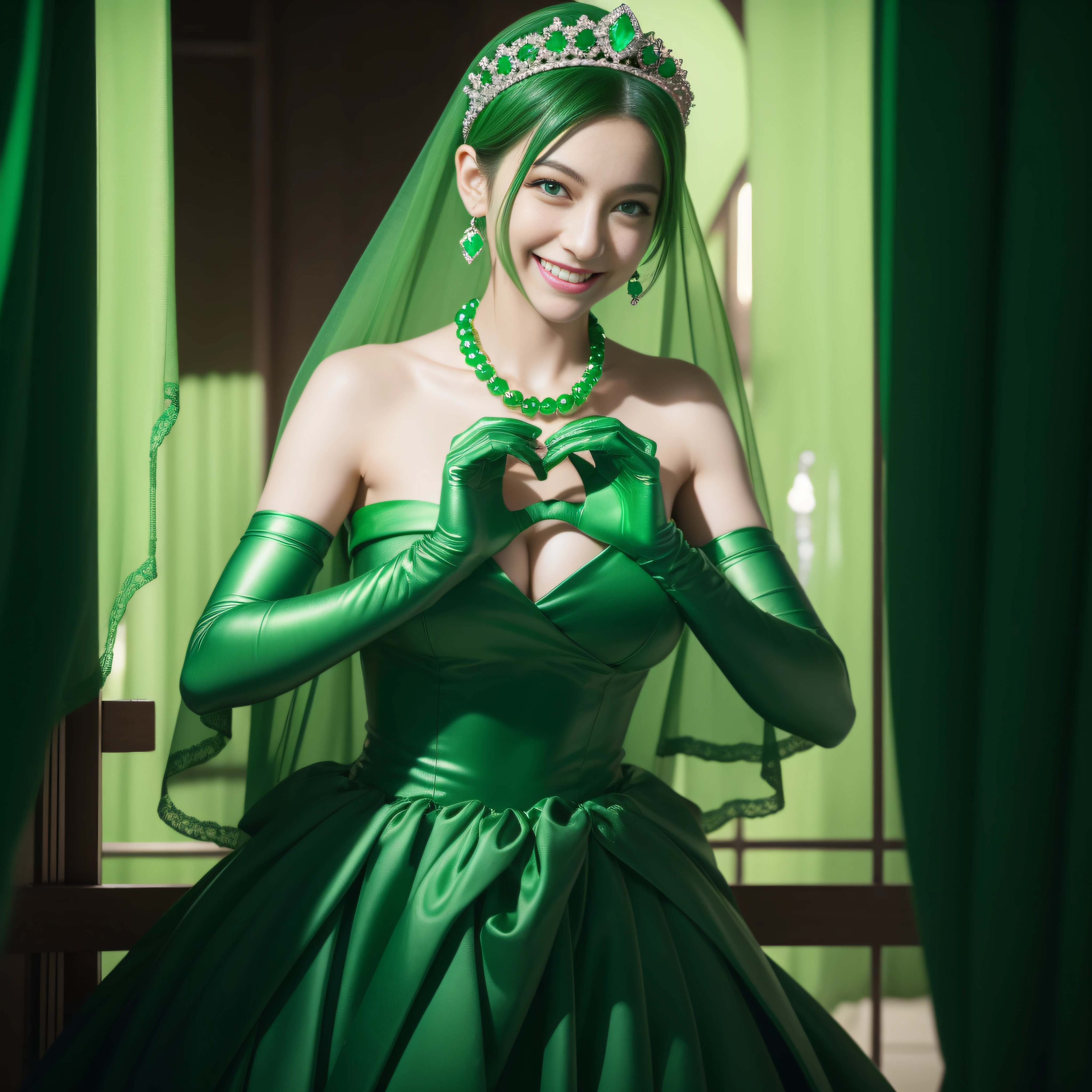 emerald tiara, Green Pearl Necklace, Boyish very short green hair, lipsticks, Japan woman smiling, very short short hair, big breasts beautiful, Green eyes, Long green gloves made of satin material, Green eyes, Emerald Earrings, green vale, Heart with both hands, Green hair