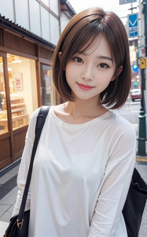 Cute 21 years old Japan、Shops、shopping、Super Detail Face、Eye of Detail、二重まぶた、beautiful thin nose、foco nítido:1.2、prety woman:1.4、(light brown hair,short-haired、),fair white skin、top-quality、masterpiece、超A high resolution、(Photorealsitic:1.4)、Highly detailed and professional lighting smile、Cute autumn clothes、