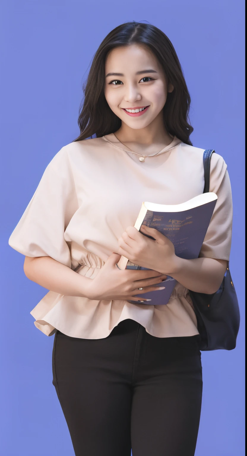 arafed young girls holding a book and smiling while standing against a clear background, student, holding a book, academic clothing, full subject shown in photo, wearing a blouse with tight shirt and bright breast, bright boobs, big boob
