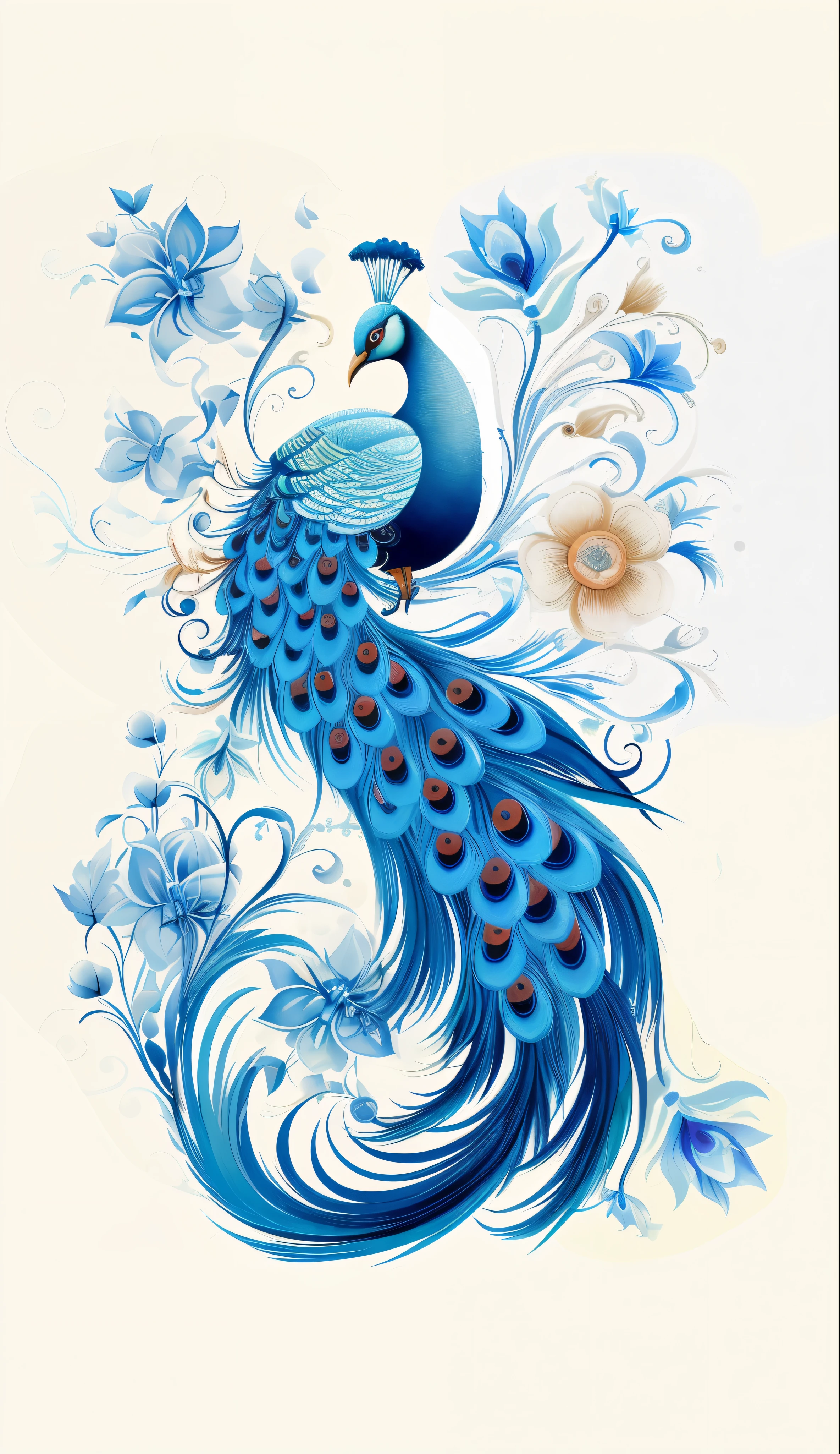 Vector graphics,Chinese hand drawn illustration,Peacock with blue feathers and flowers on white background, beautiful and graceful,vector lines, Clear lines,delamination, peacock, Tranquil and elegant, Beautiful Elegant, number art,white backgrounid