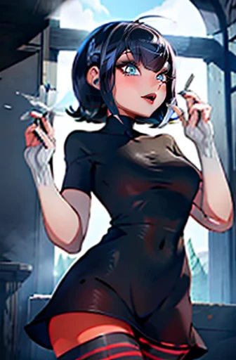 masterpiece, extra high resolution, ultra -detailed, Beautiful European girl, black  hair, short bob cut, Amazing blue eyes, White Skin Skin, red-lips, blushful, gentle look, sorceress, Amazing face, The Amazing Mavis Dracula, realisti, black dress,  striped socks , Beautiful, the perfect body, Striped Thighhighs, Bulma, (cum on legs:1.2)
