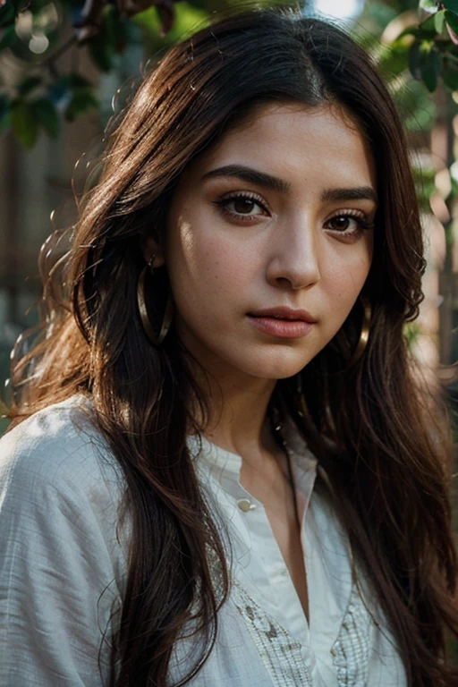 (Best quality, Ultra-detailed, Perfect Ratio, Masterpiece:1.2), Studio lighting:0.7, Photorealistic portrait of a beautiful pakistani woman, aegyo, hot , turning her head to the side to showcase a striking earring to the camera. The woman should have a flawless, highly detailed face (Highly Detailed Skin) with soft, luminous skin. Her long hair should be naturally brown and stylishly arranged. The focus of the image on her face and the earring (Sharp Focus on the Face, Perfect Eyes:1.2). The photography should feature high-quality film grain (ISO 400, 30mm lens RAW f1.8 aperture, highly detailed) to create the impression of analog photography (Analog Photography:1) with HDR colors, the scene both realistic and stylish. maya ali, maya ali mage, maya ali sorcerer, maya ali wind sorcerer, maya ali sorceress, maya ali as dd mage, with the sun shining on it, maya ali as dd sorcerer, maya ali as a cyber sorceress