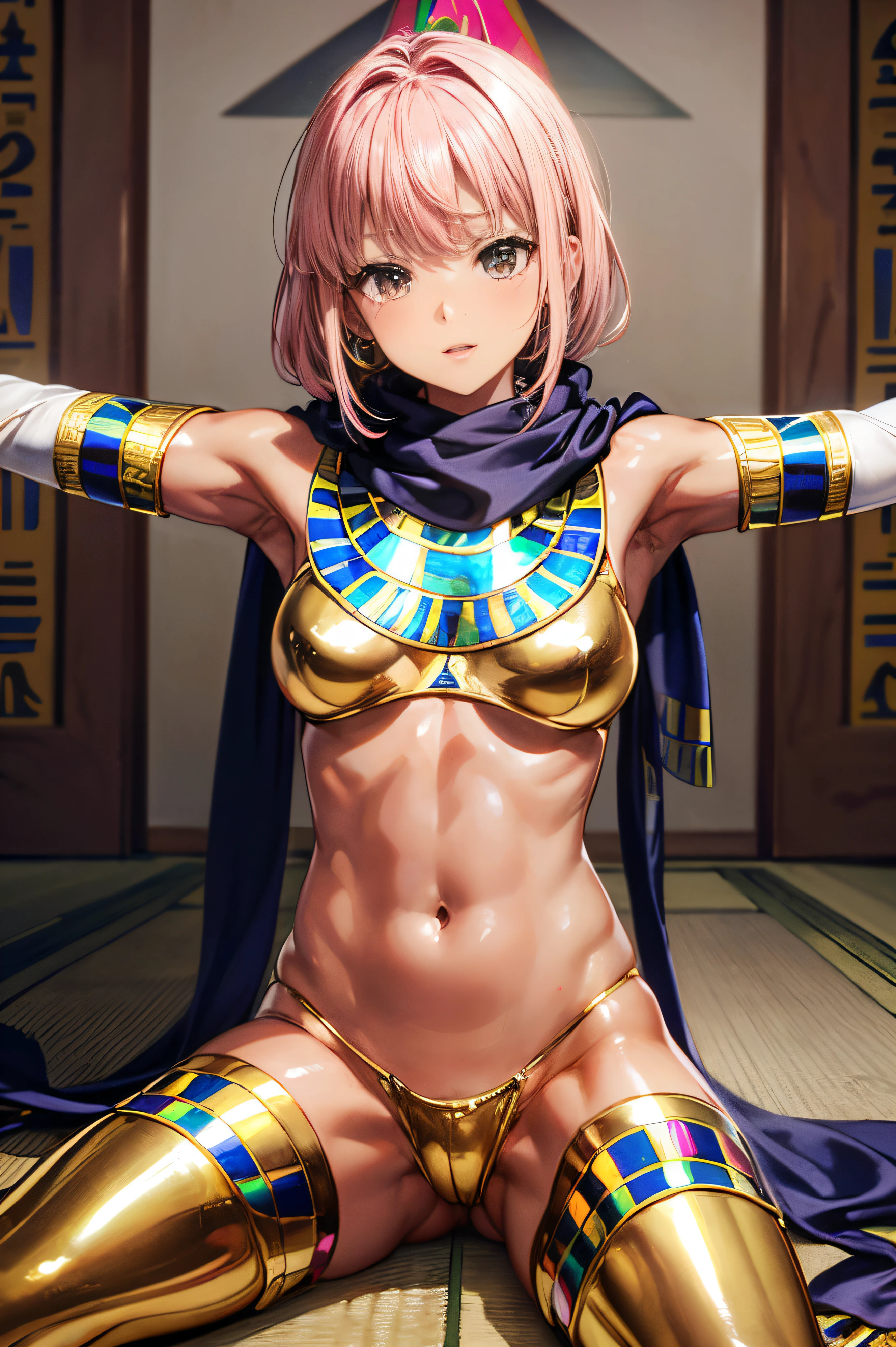 Latex, ((Anatomically correct hand:1.5)), Anime, Sexy, ((Metal Costume:1.5)), ((In Kyoto Animation Style:1.5)), super precision, masterpiece, very extremely beautiful, Princess Face, ((1人の女性)), ((Solo:1.5)), ((Pink hair:1.5)), ((BobKat 1.5)), BREAK, ((Black eyes)), short-cut, ((Straight hair)), BREAK, Full limbs,((complete fingers:1.5)), NSFW, (((Egyptian scarves:1.5))),Jewelry and Bracelets, In a plunged Egyptian costume in gold and white,black canvas REAK, ((Skindentation)), Professional Lighting, (25-years old), Narrow waist, Shiny skin ((Brown skin:1.5)), ((Oiled skin)), glistning skin, Looking at Viewer, Cowboy Shot, ((Dynamic Pose:1.5)), Looking at the camera, inside in room, Sexy, A slight smil, Slightly open mouth, ((Cute)), ((sitting on:1.5)), ((Hands behind your back)), Ultra-fine eyes, Ultra-fine face, ((thin lips:1.5)), Sexy, ((drooping eyes)), A slight smil, Sexy, ((portlate:1.5)), faces, Sexy, Looking at the camera, Sexy, ((Metal Costume:1.5)), (( arms on the back:1.5)), Sexy, Latex,