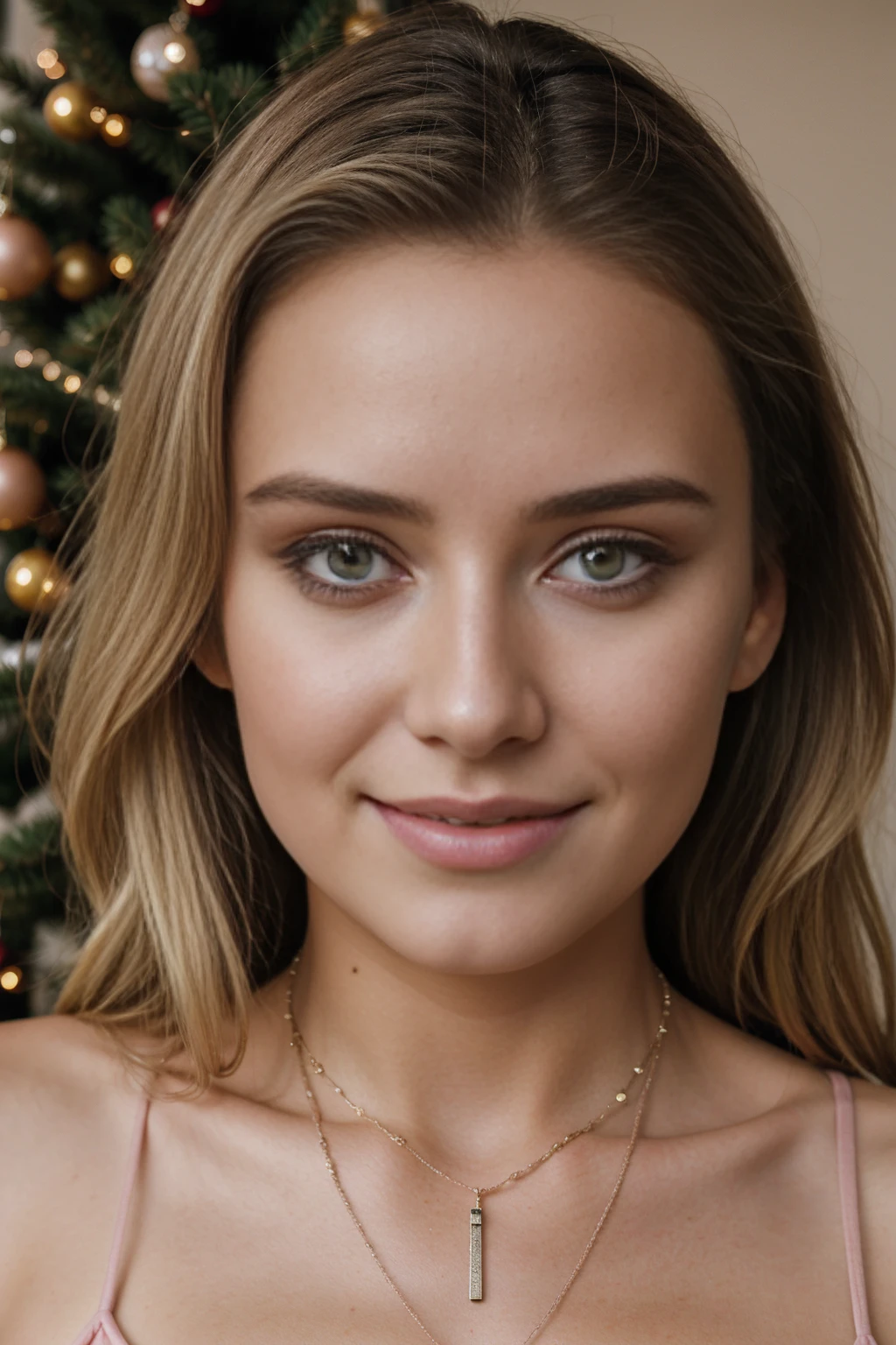 1girl 16 year old, solo, looking at viewer, blonde hair, brown eyes, jewelry, full body, full view of body, whole body, necklace, lips, realistic, nose, flirting with camera, realistic, high detail, 4k photo, perfect anatomy, perfect symmetry, soft lights, nice pink dress, very pretty, Hyper realistic and detailed, romantic. perfect eyes, (Eye makeup:1.1), (highly detailed skin:1.1), RAW, analog style, sharp focus, 8k UHD, DSLR, high quality, Fujifilm XT3, grain, award winning, masterpiece, christmas trees, presents, holiday, festive, smile, smirk, grin, cheerful