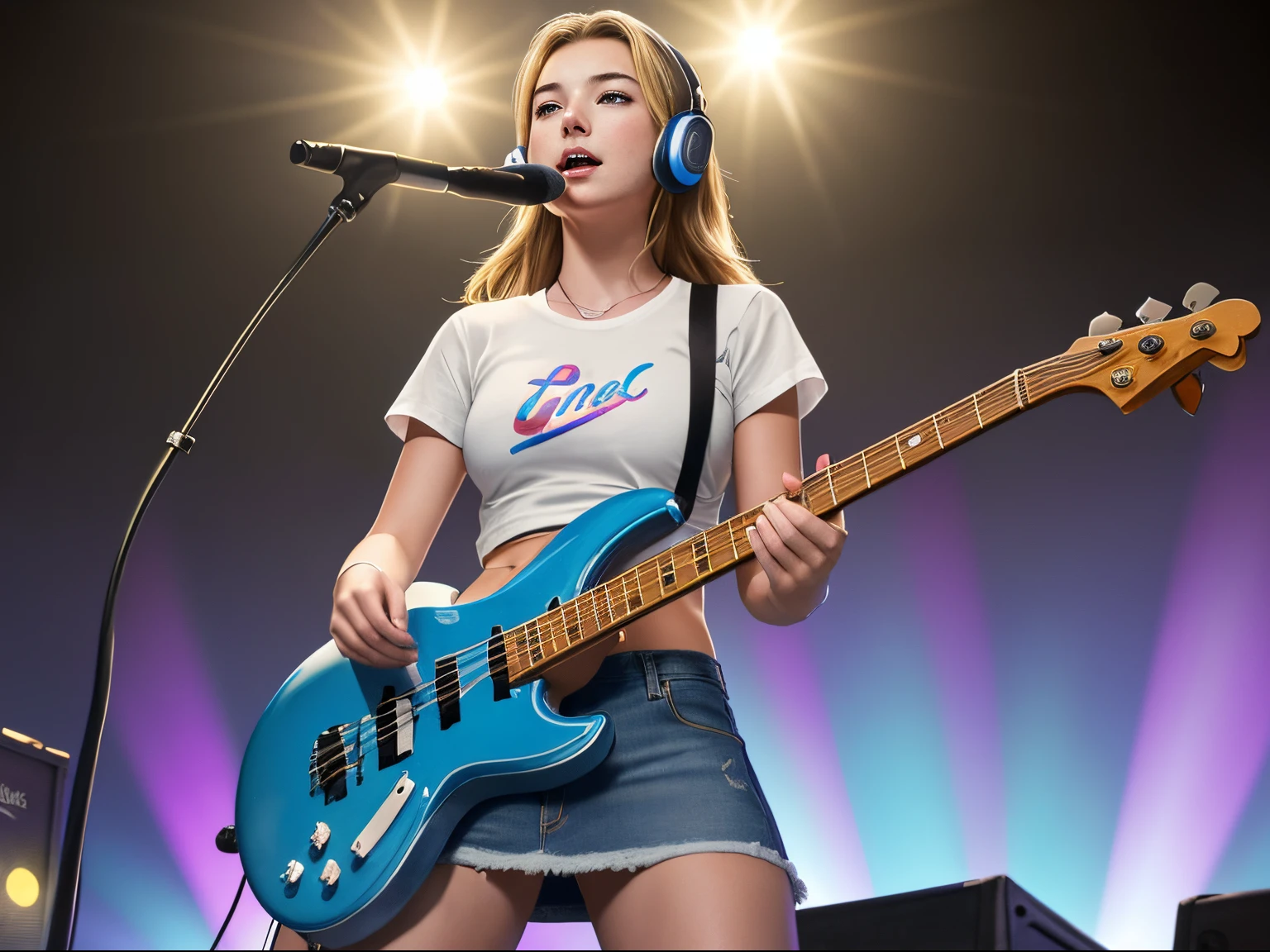 top quality 32k raw photo of 18-year-old Emily VanCamp wearing white T shirt and jeans skirt and headphone. navel look. she is on the disco stage playing blue bass guitar. colorful lights,