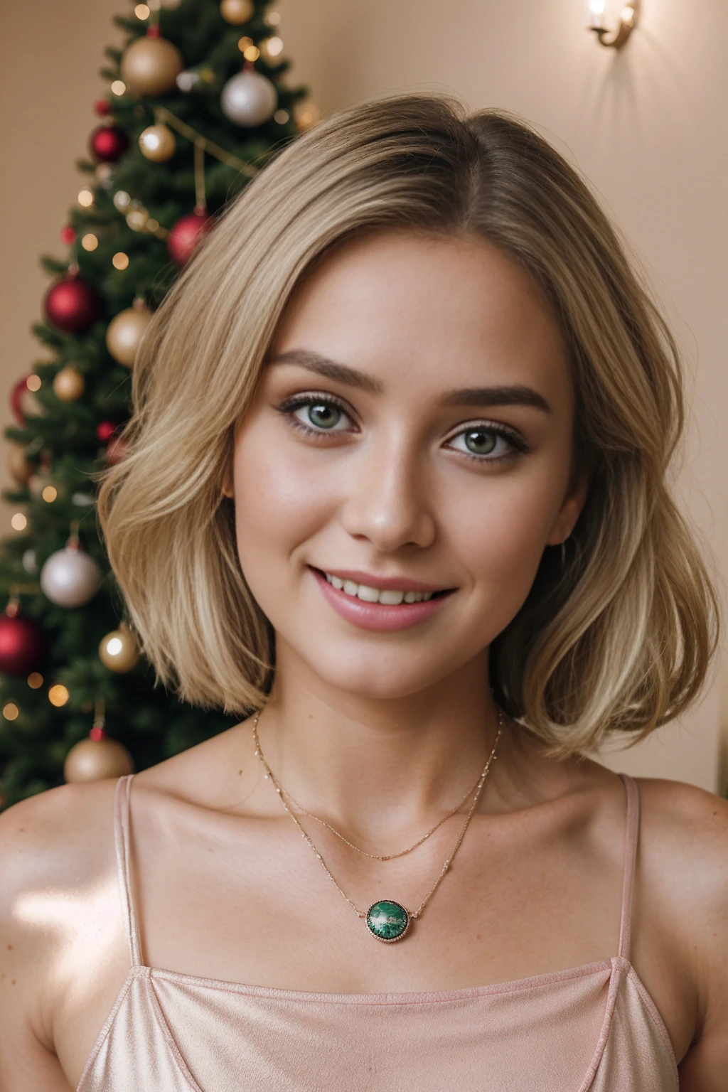1girl 16 year old, solo, looking at viewer, blonde hair, brown eyes, jewelry, full body, full view of body, whole body, necklace, lips, realistic, nose, flirting with camera, realistic, high detail, 4k photo, perfect anatomy, perfect symmetry, soft lights, nice pink dress, very pretty, Hyper realistic and detailed, romantic. perfect eyes, (Eye makeup:1.1), (highly detailed skin:1.1), RAW, analog style, sharp focus, 8k UHD, DSLR, high quality, Fujifilm XT3, grain, award winning, masterpiece, christmas trees, presents, holiday, festive, smile, smirk, grin, cheerful