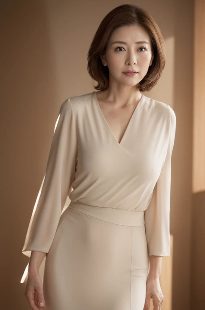 masuter piece, top-quality, masterpiece, hight resolution, Photorealsitic, Raw photography, 8k wallpaper, flawless, profetional lighting, ighly detailed, depth of fields,Pale solid color background, ((Japanese mature woman in her 50s)), chubby figure, Female sexy, Detailed face, beautidful eyes, bangss, large full breasts, Straight light brown hair that reaches to the shoulders, Faint lips, ((stand facing the center of the screen, Staring at the viewer, Serious face)),Business Wear, foot out of frame, Looking at Viewer, cowboy shot