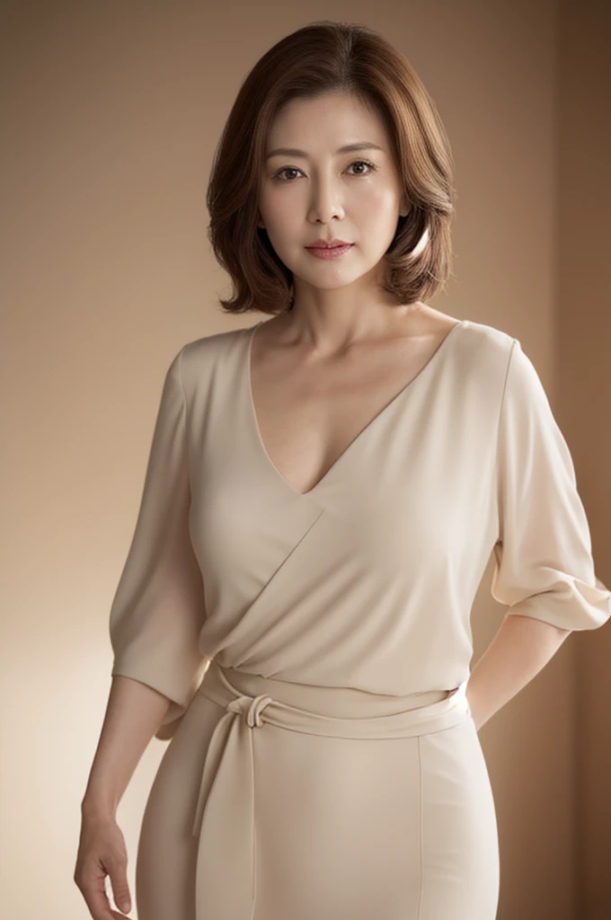 masuter piece, top-quality, masterpiece, hight resolution, Photorealsitic, Raw photography, 8k wallpaper, flawless, profetional lighting, ighly detailed, depth of fields,Pale solid color background, ((Japanese mature woman in her 50s)), chubby figure, Female sexy, Detailed face, beautidful eyes, bangss, large full breasts, Straight light brown hair that reaches to the shoulders, Faint lips, ((stand facing the center of the screen, Staring at the viewer, Serious face)),Business Wear, foot out of frame, Looking at Viewer, cowboy shot