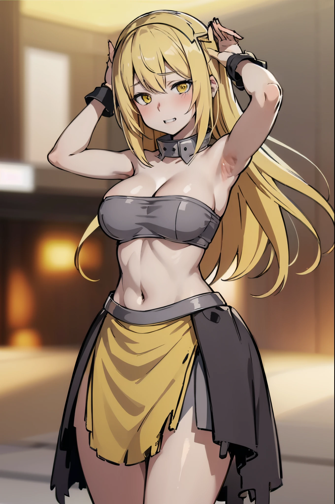 ((slaveclothes)),rabbit pose arms up,yellow eyes,blonde hair,(blush,pleasure,delight,orgasm,cleanched teeth,rolling eyes