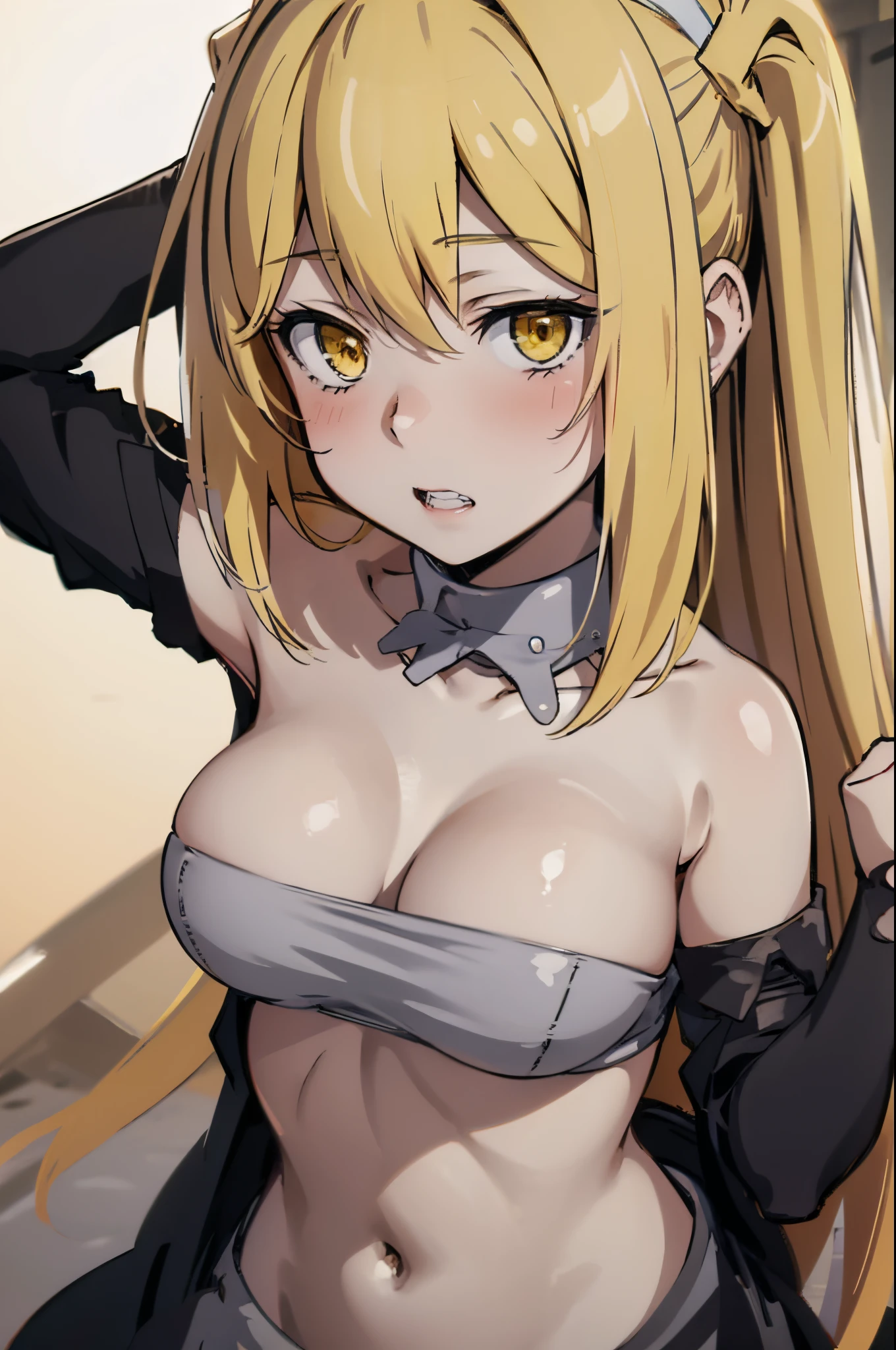 ((slaveclothes)),rabbit pose arms up,yellow eyes,blonde hair,(blush,pleasure,delight,orgasm,cleanched teeth,rolling eyes