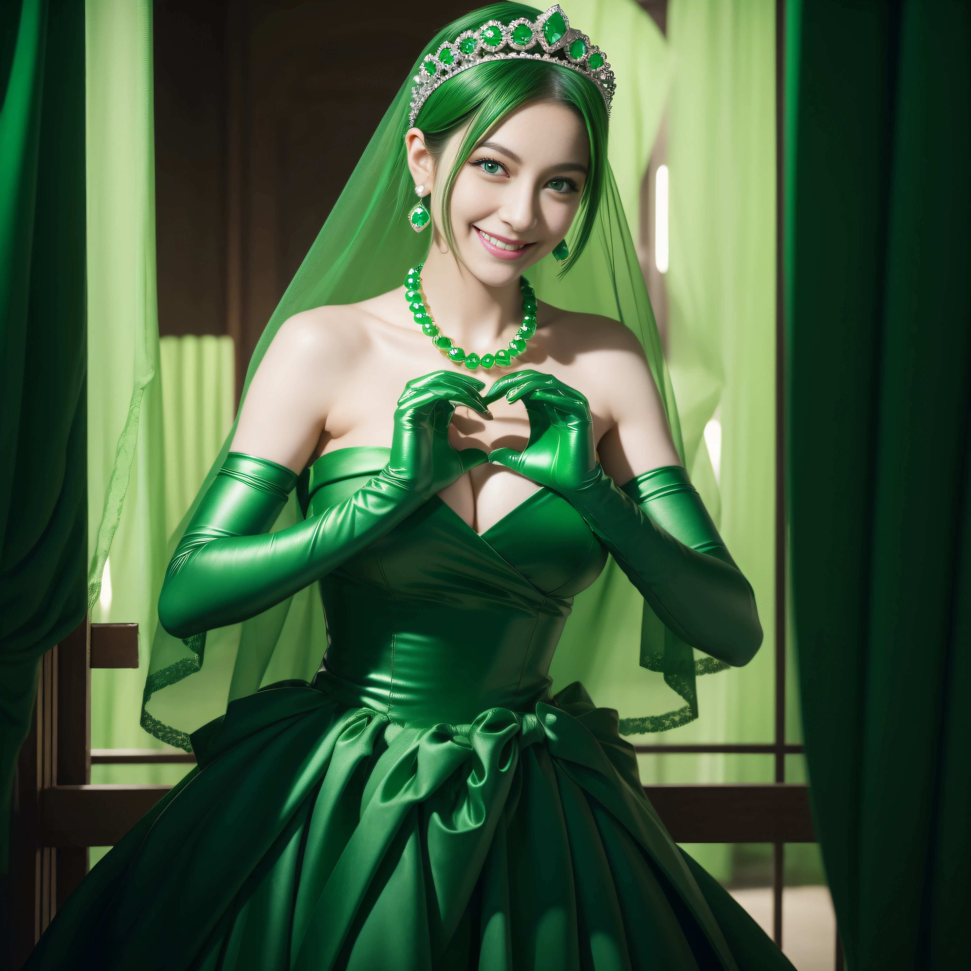 emerald tiara, Green Pearl Necklace, Boyish very short green hair, lipsticks, Japan woman smiling, very short short hair, big breasts beautiful, Green eyes, Long green gloves made of satin material, Green eyes, Emerald Earrings, green vale, Heart with both hands, Green hair