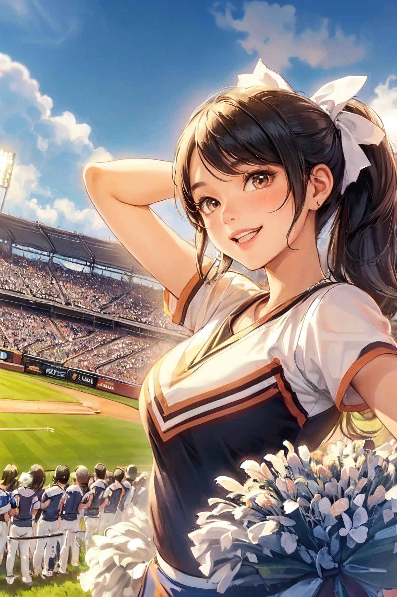 1lady solo, (dynamic posing), cheerleader (stylish outfit), mature female, /(black hair/) bangs ribbon, blush (brightly smile), (masterpiece best quality:1.2) delicate illustration ultra-detailed, large breasts BREAK (holding pom-pomREAK /(baseball stadium) grass, outdoors, audience