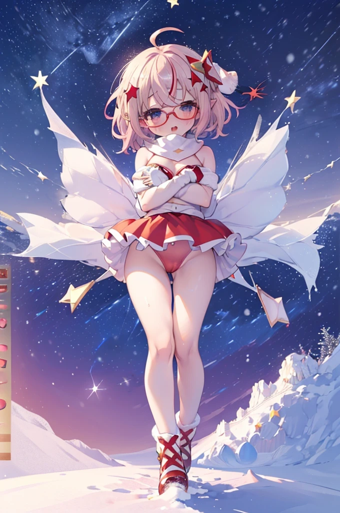 ultra detailed, best quality, high resolution, ((8k)), ((1girl)), pale skin, petite, (blonde hair), (very short hair), (ahoge:1.3), (glasses), pointy ears, (blush:1.5), blue eyes, medium breasts, happy smile, ((red bikini santa costume)), ((snowing:1.5)), (windy:1.5), ((star night:1.5)), ((powder light:1.5)), (full body), open mouth, ((chibi:1.5)), ((nsfw))