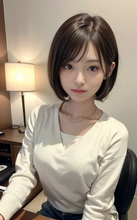 Cute 21 years old Japan、Japan domestic、desk work、Studying、Super Detail Face、Eye of Detail、二重まぶた、beautiful thin nose、foco nítido:1.2、prety woman:1.4、(light brown hair,Short cut hair, white skin、Colorful sweatshirts、top-quality、masterpiece、超A high resolution、(Photorealsitic:1.4)、C cup breasts、