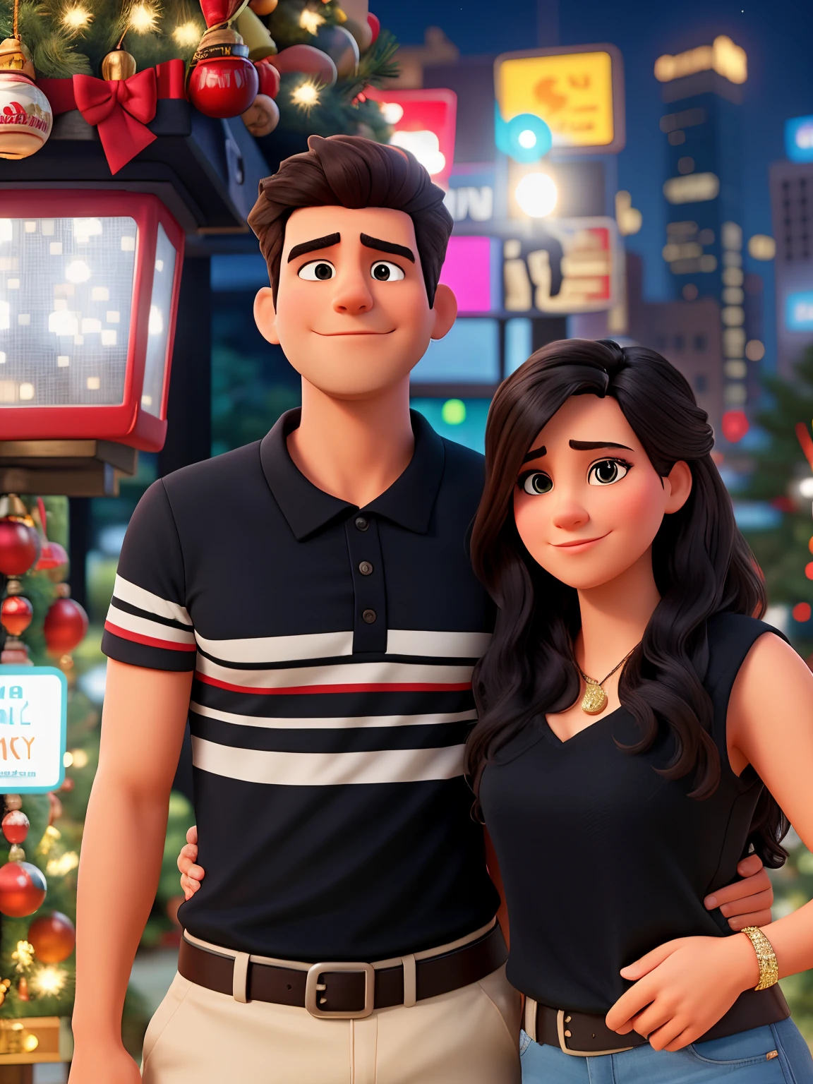 There a man and a woman posing for the camera. Man and woman looking straight at the camera. In front of Christmas decorations. Girl wearing black V-neck sleeveless top. She gorgeous and cute. High resolution photo. Disney Pixar cartoon effect. Disney Pixar movie poster. at night time, shot on nikon z9, candid picture, profile image, in city street, ghutra and egal, taken with sony alpha 9, photo taken in 2 0 2 0, profile picture