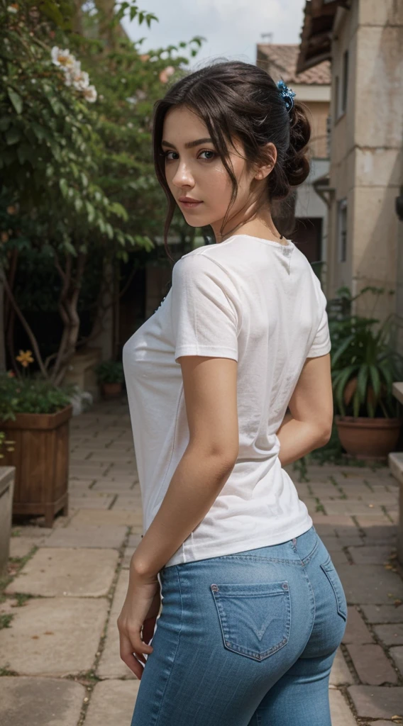 masterpiece, top quality, best quality, official art, beautiful and aesthetic, 1 waifu mix European and arab girl, hair ornament, black hair, blue eyes, flower, photo from front view, crossed hand to back, makeup, outdoor, skinny fit jeans, wearing I love zul shirt, photo capture from head to half tight, surrounded by many type of cats, a lot of cat, a lot of cat breed,