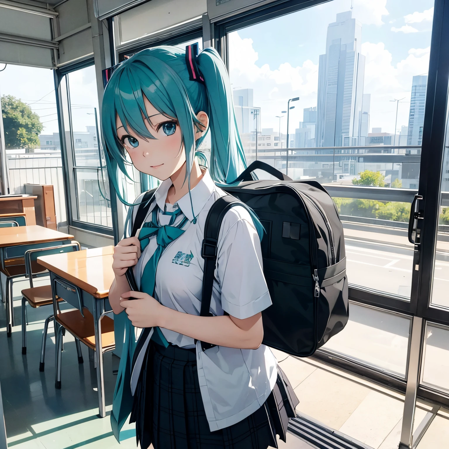 miku hatsune,10yaers old,a school bag,School route,Looks Back,huge tit