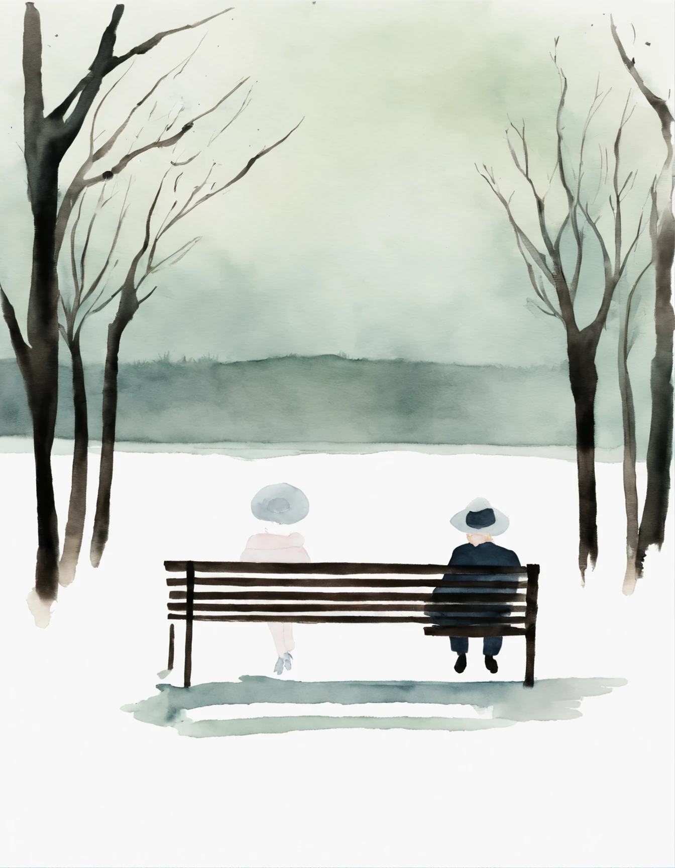 Hand drawn watercolor and ink illustration of an elderly couple sitting on a park bench in winter, created using minimalist forms