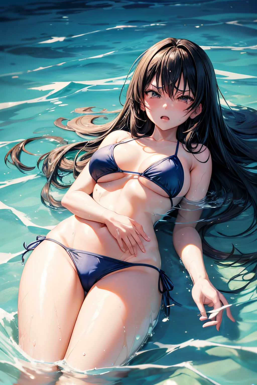anime girl in bikini lying face down in water, sensual, angryanime girl in bikini lying face down in water, sensual, angry