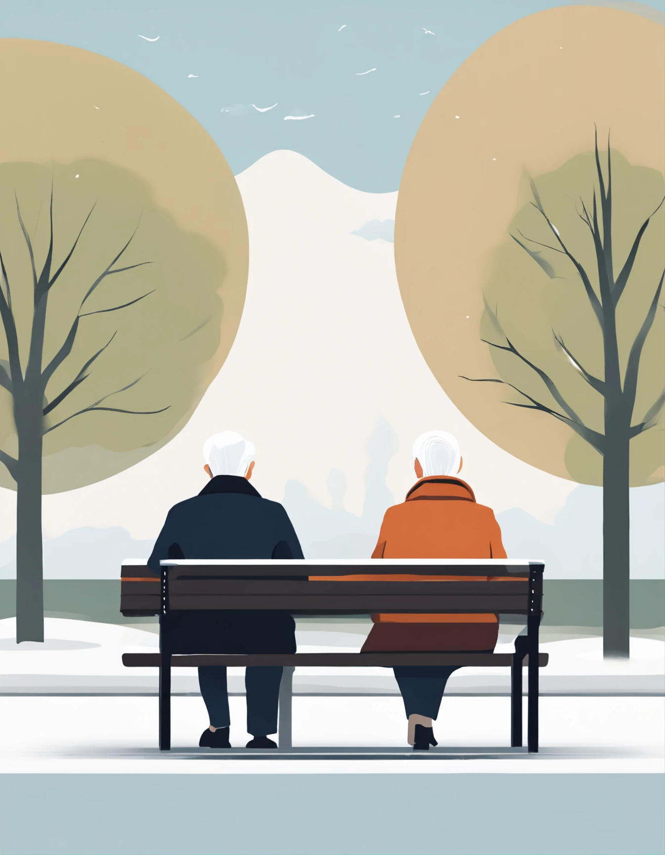 Use circles and lines to draw illustrations,An elderly couple sitting on a park bench in winter, Create using minimalist form
