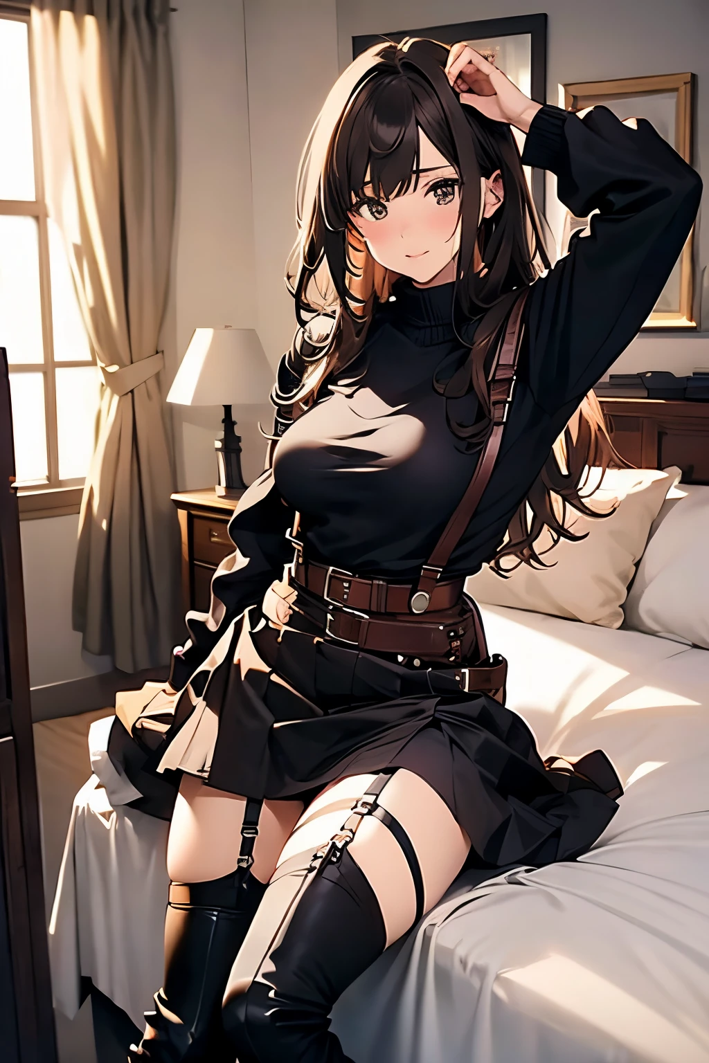 Brown hair、watching at viewers　　　black suspenders　　　Bulging big breasts　　 　 　　　walls: 　Black miniskirt　garters　　　　　　Gaze　　　Small face　bangss 　　　holster　　Belt Armament　Beautuful Women　srestrained　hands up　Lying in bed　Leg holster lying on the bed　　Gaze 　black boots panty shot