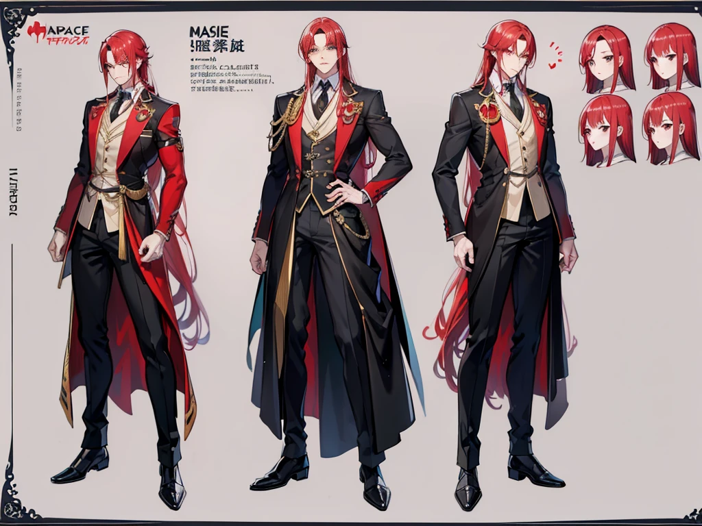 ((masutepiece, Highest Quality)), Man's, Boy, Detailed face, CharacterDesignSheet, full body Esbian, full of details, Front Body View, Rear Body View, Highly detailed, Depth, many parts, muscular boy with long red hair,Handsome man, vampire costume clothes, GenshinImpact, A tall man