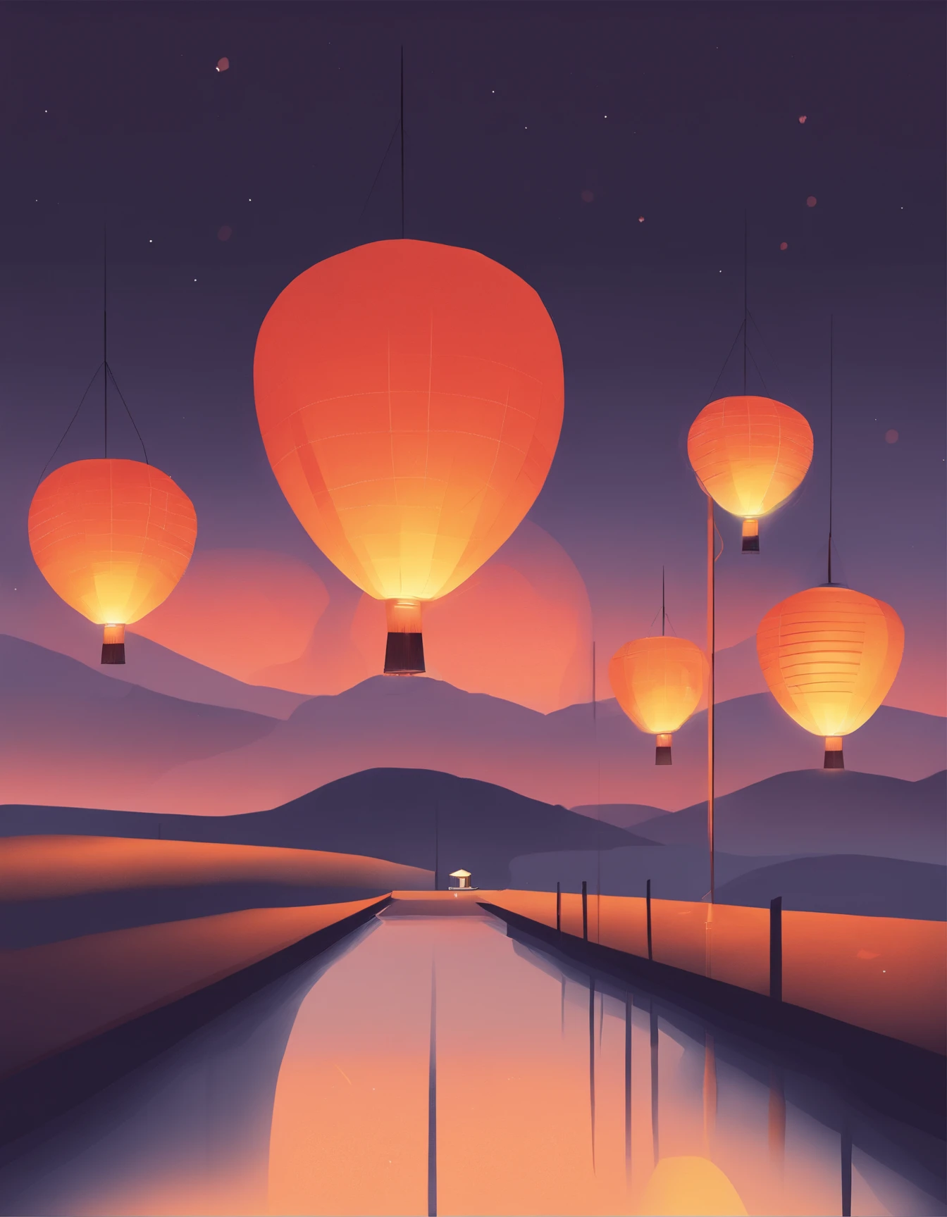 a minimalist image,Depicts the peaceful and colorful nighttime Lantern Festival lighting up the sky