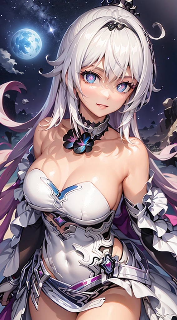 Standing on the moon&#39;s soil stirred up, choker necklace, 耳Nipple Ring, full bodyesbian, Long white hair,blue color eyes, masterful, hyper HD, RAW photogr, Realistis: 1.25), (bright lip gloss, Long eyelashes, Smooth face , Brightens skin, naturalshadow, Wide light, Wide light, depth of fields, strong colors, subtle caustics: 0.8), ssmile, (large tities), v6